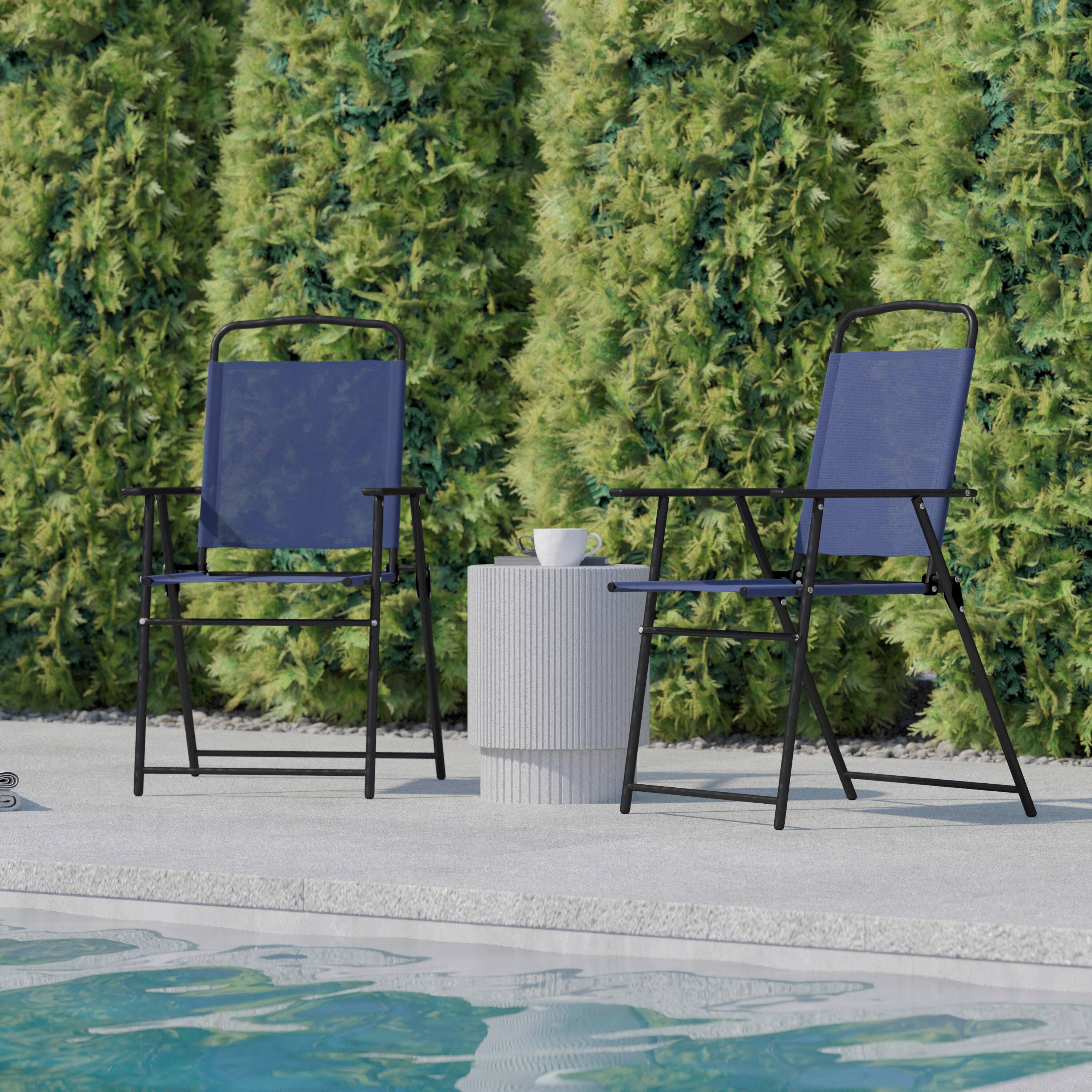 Alt View 4. Flash Furniture - Set of 2 Mystic Folding Patio Sling Chairs, Outdoor Textilene Lawn Chairs with Armrests in Navy - Blue.