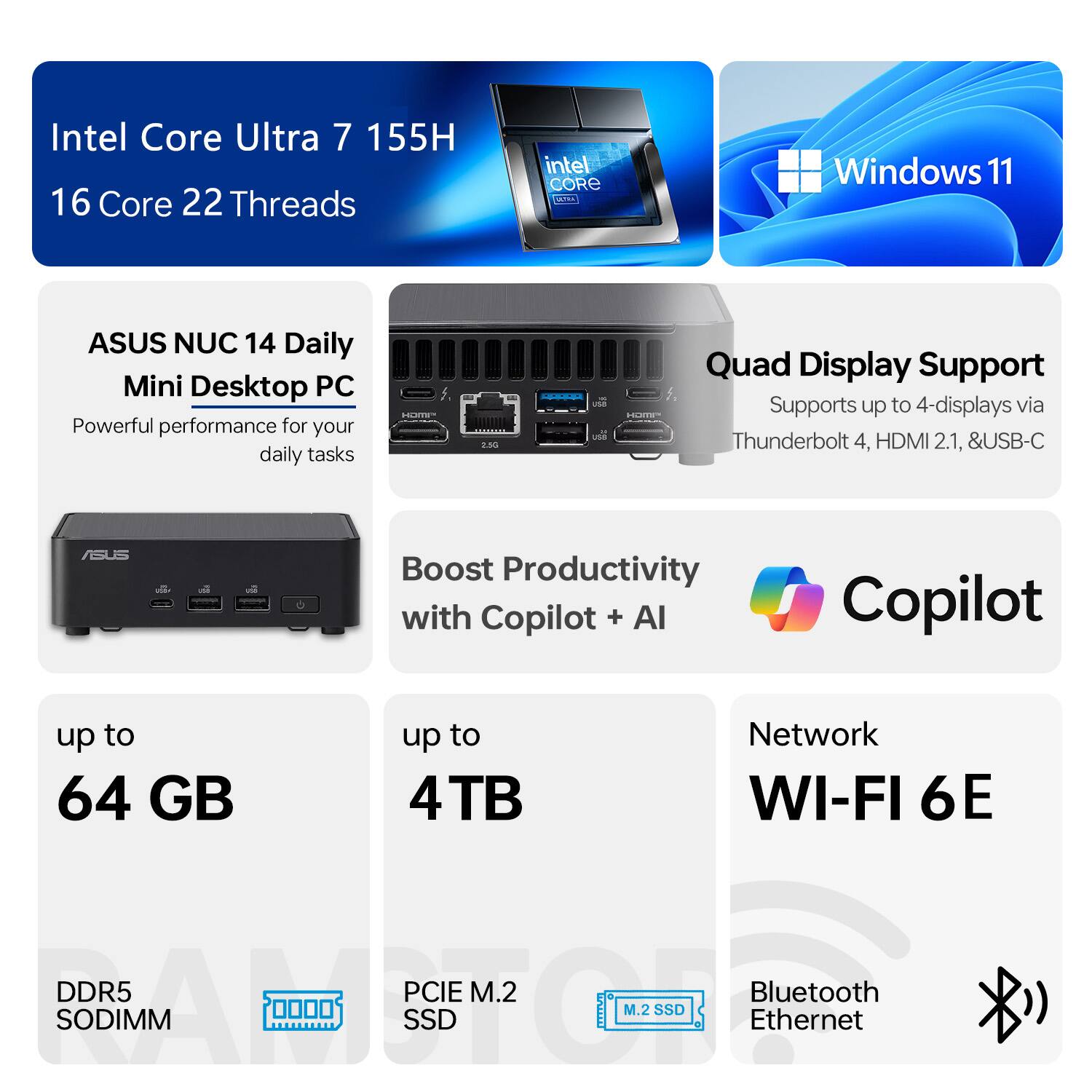 Alt View 1. ASUS - NUC 14 Desktop - Intel Core Ultra 7 155H with 32GB DDR5 RAM - 2TB SSD - Windows 11 Pro - Black - Black.