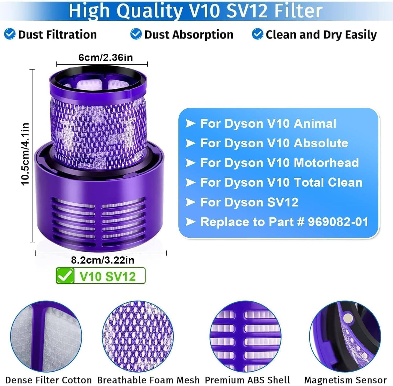 High Quality V10 SV12 Filter

- Dust Filtration
- Dust Absorption
- Clean and Dry Easily

6cm/2.36in

10.5cm/4.1in

8.2cm/3.22in

For Dyson V10 Animal  
For Dyson V10 Absolute  
For Dyson V10 Motorhead  
For Dyson V10 Total Clean  
For Dyson SV12  
Replace to Part # 969082-01

V10 SV12

- Dense Filter Cotton
- Breathable Foam Mesh
- Premium ABS Shell
- Magnetism Sensor