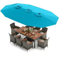 Costway 10 Pieces Patio Wicker Dining Set with Double-Sided Patio Umbrella 8 Armchairs - Turquoise,,Mix Brown - Front_Zoom