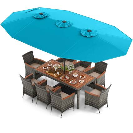 Front. Costway - 10 Pieces Patio Wicker Dining Set with Double-Sided Patio Umbrella 8 Armchairs - Turquoise,,Mix Brown.