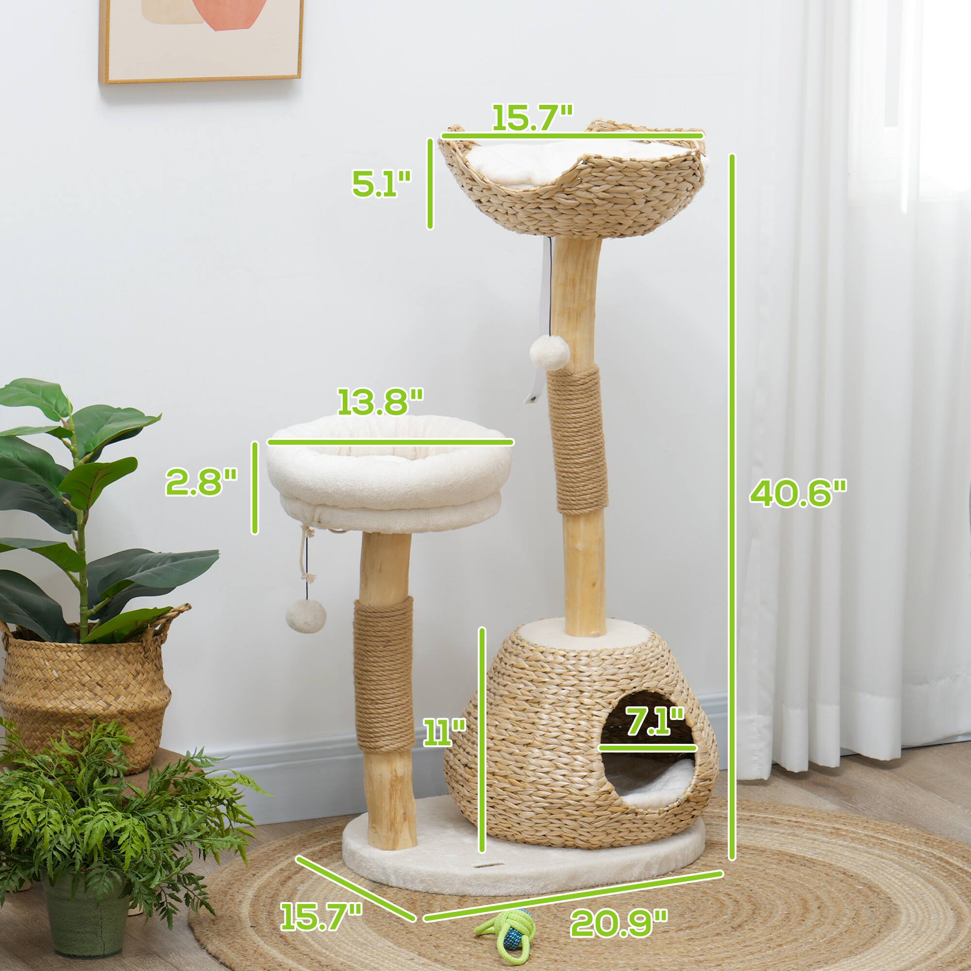 Left. Pawhut - 41" Wooden Cat Tree for Indoor Cats, Tower with 2 Real Branch Scratching Posts, Condo, Beds & Toy Balls, Activity Center - Cream White.