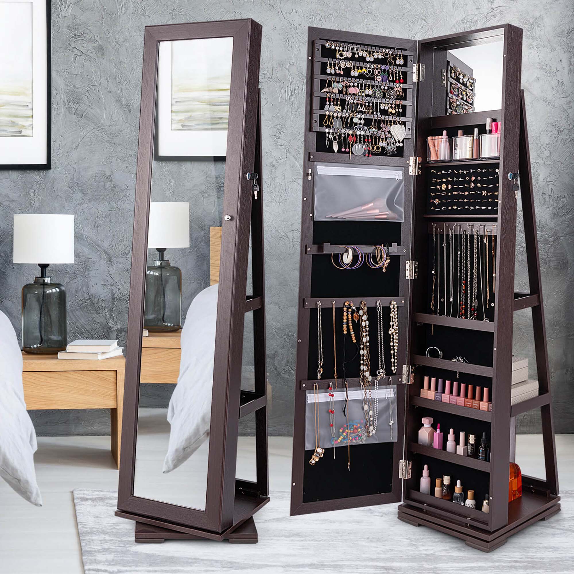Alt View 12. Costway - 360° Rotatable Jewelry Cabinet Armoire 2-in-1 Lockable Mirrored Dark Brown - Dark Brown.