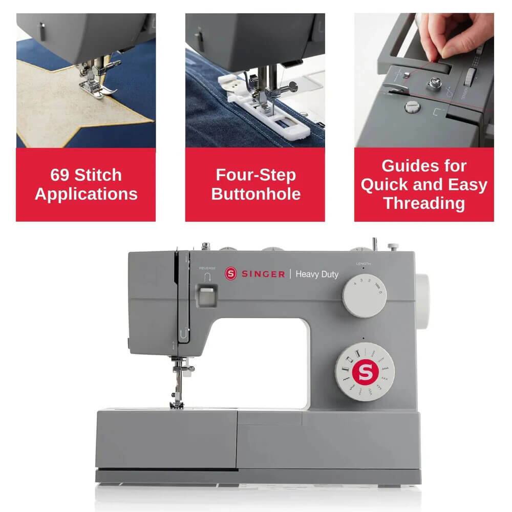 69 Stitch Applications  
Four-Step Buttonhole  
Guides for Quick and Easy Threading  

SINGER | Heavy Duty