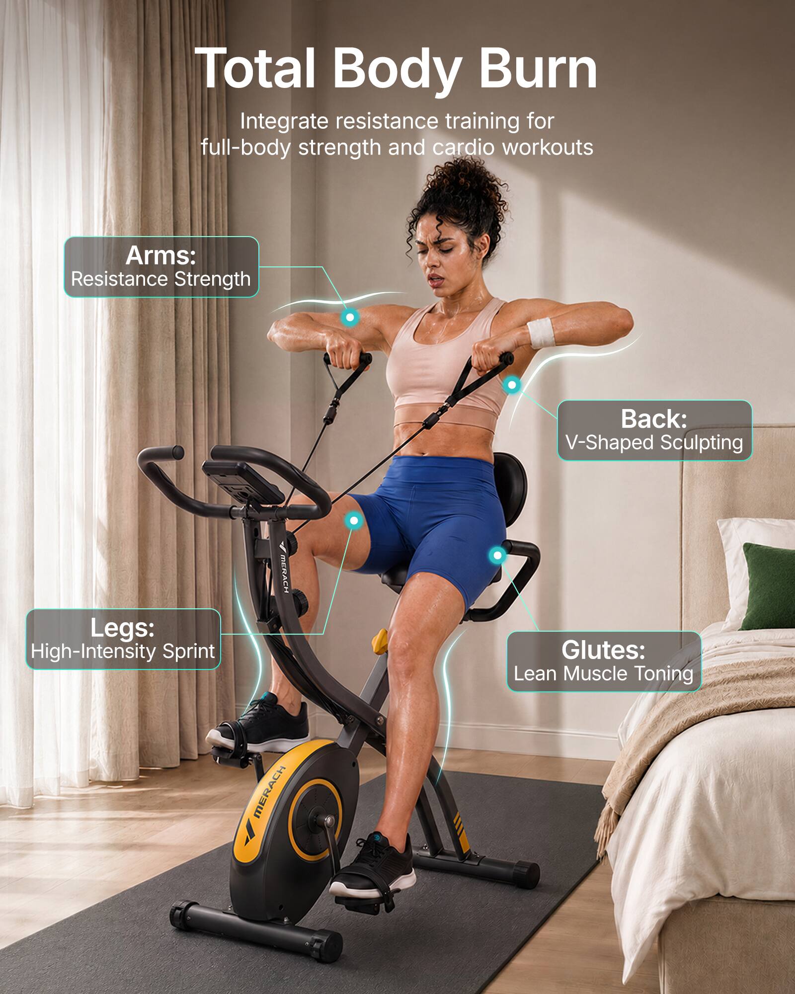 Total Body Burn  
Integrate resistance training for full-body strength and cardio workouts

Arms: Resistance Strength  
Back: V-Shaped Sculpting  
Legs: High-Intensity Sprint  
Glutes: Lean Muscle Toning
