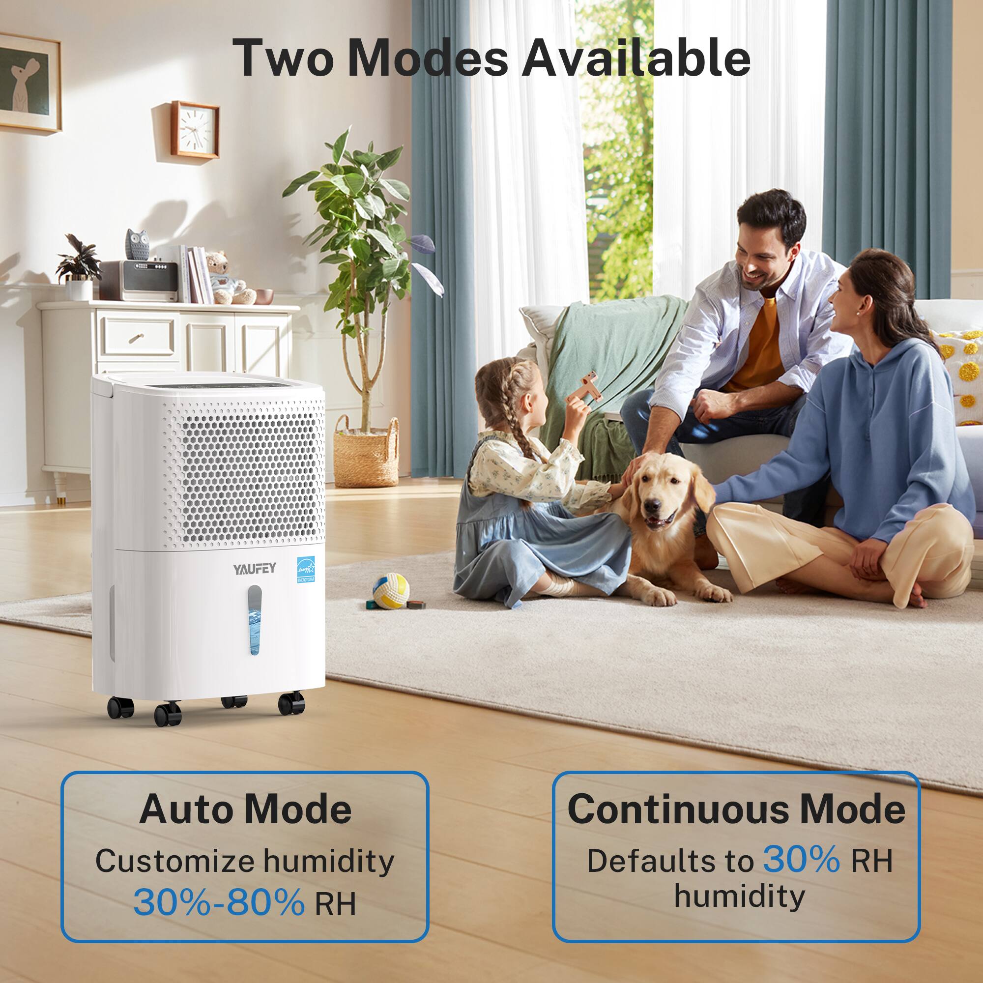 Two Modes Available

Auto Mode
Customize humidity 30%-80% RH

Continuous Mode
Defaults to 30% RH humidity