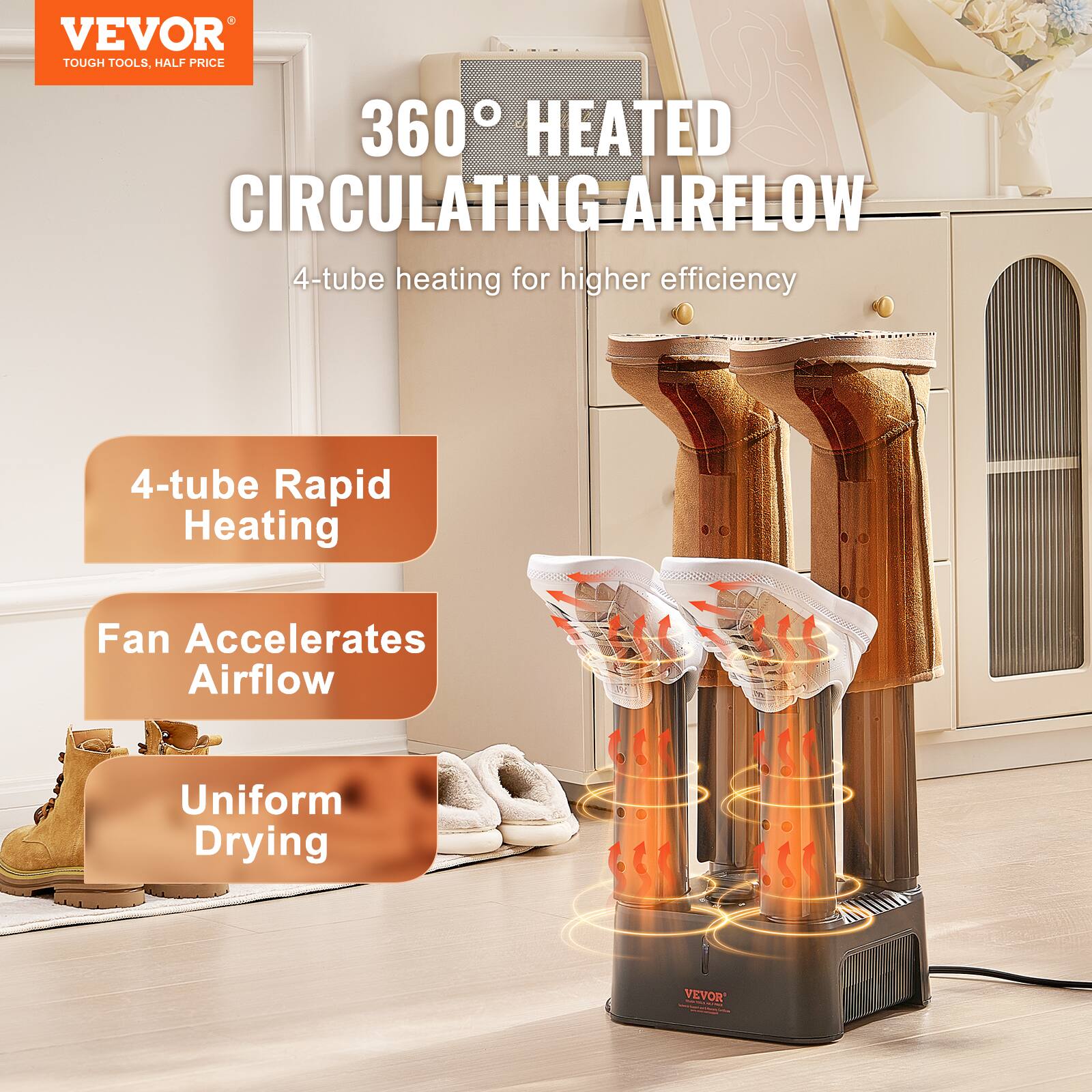 VEVOR  
TOUGH TOOLS, HALF PRICE  

360° HEATED CIRCULATING-AIRFLOW  
4-tube heating for higher efficiency  

4-tube Rapid Heating  
Fan Accelerates Airflow  
Uniform Drying  

VEVOR