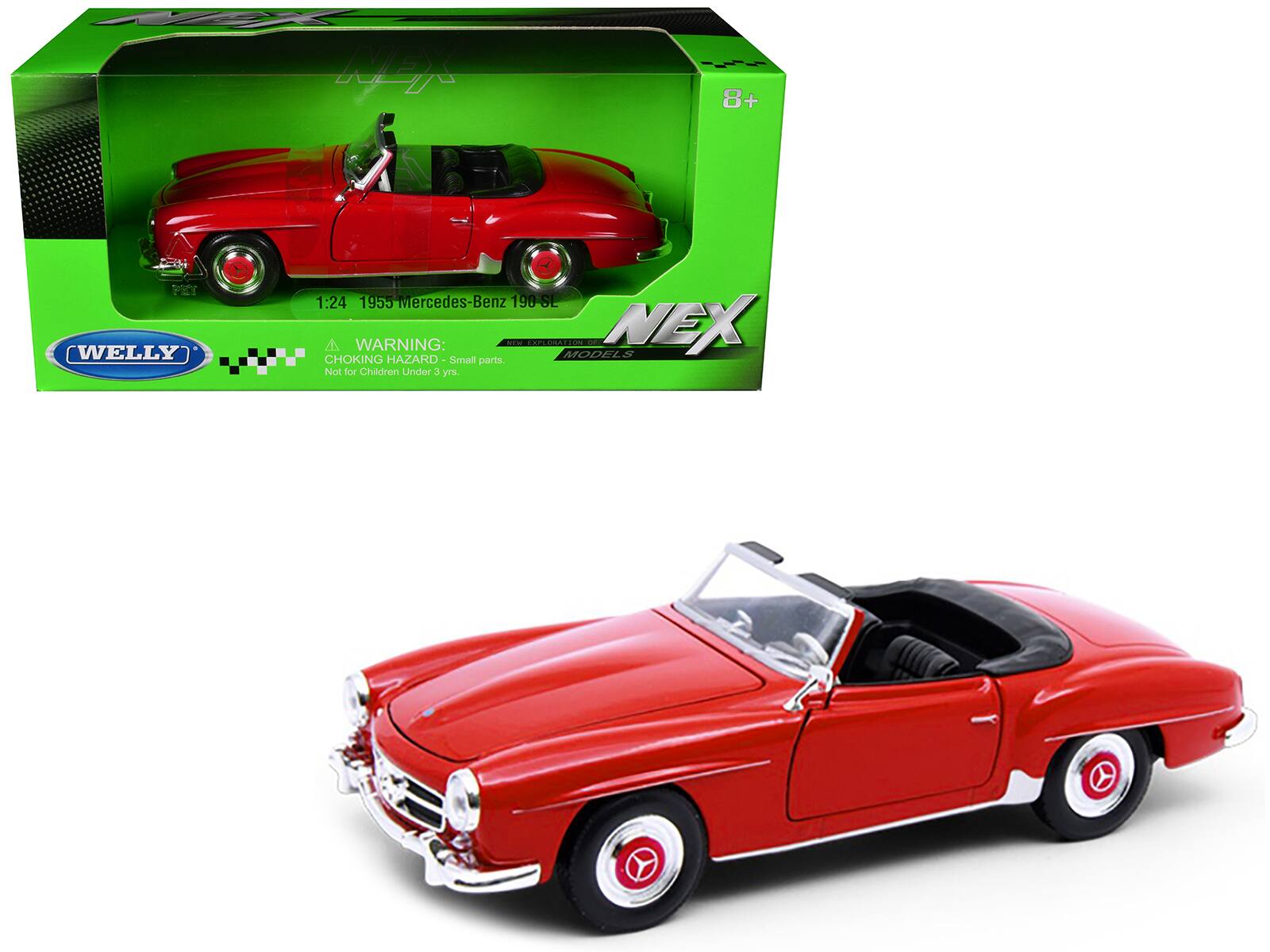 - 8+  
- PET WELLY 1:24 1955 Mercedes-Benz 190-SL  
- WARNING: CHOKING HAZARD - Small parts. Not for Children Under 3 yrs.  
- NEX  
- WELLY  
- 1:24 1955 Mercedes-Benz 190-SL  
- WARNING: CHOKING HAZARD - Small parts. Not for Children Under 3 yrs.