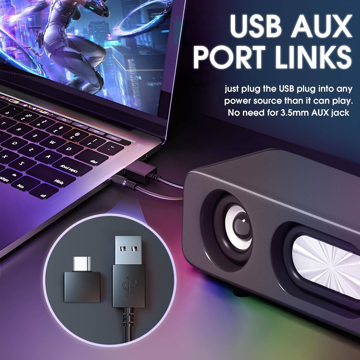 USB AUX PORT LINKS

just plug the USB plug into any power source than it can play. No need for 3.5mm AUX jack