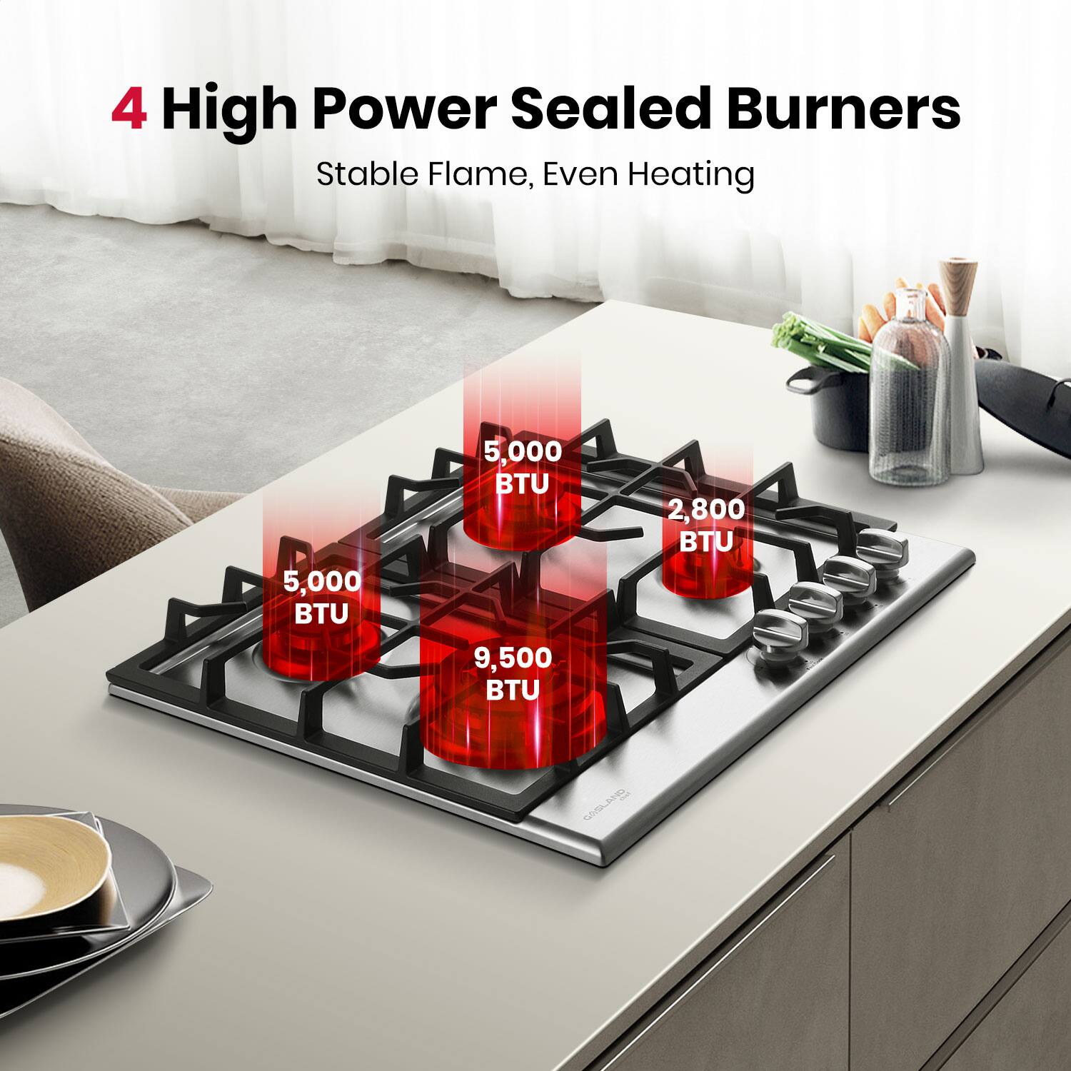 4 High Power Sealed Burners  
Stable Flame, Even Heating  

5,000 BTU  
9,500 BTU  
5,000 BTU  
2,800 BTU