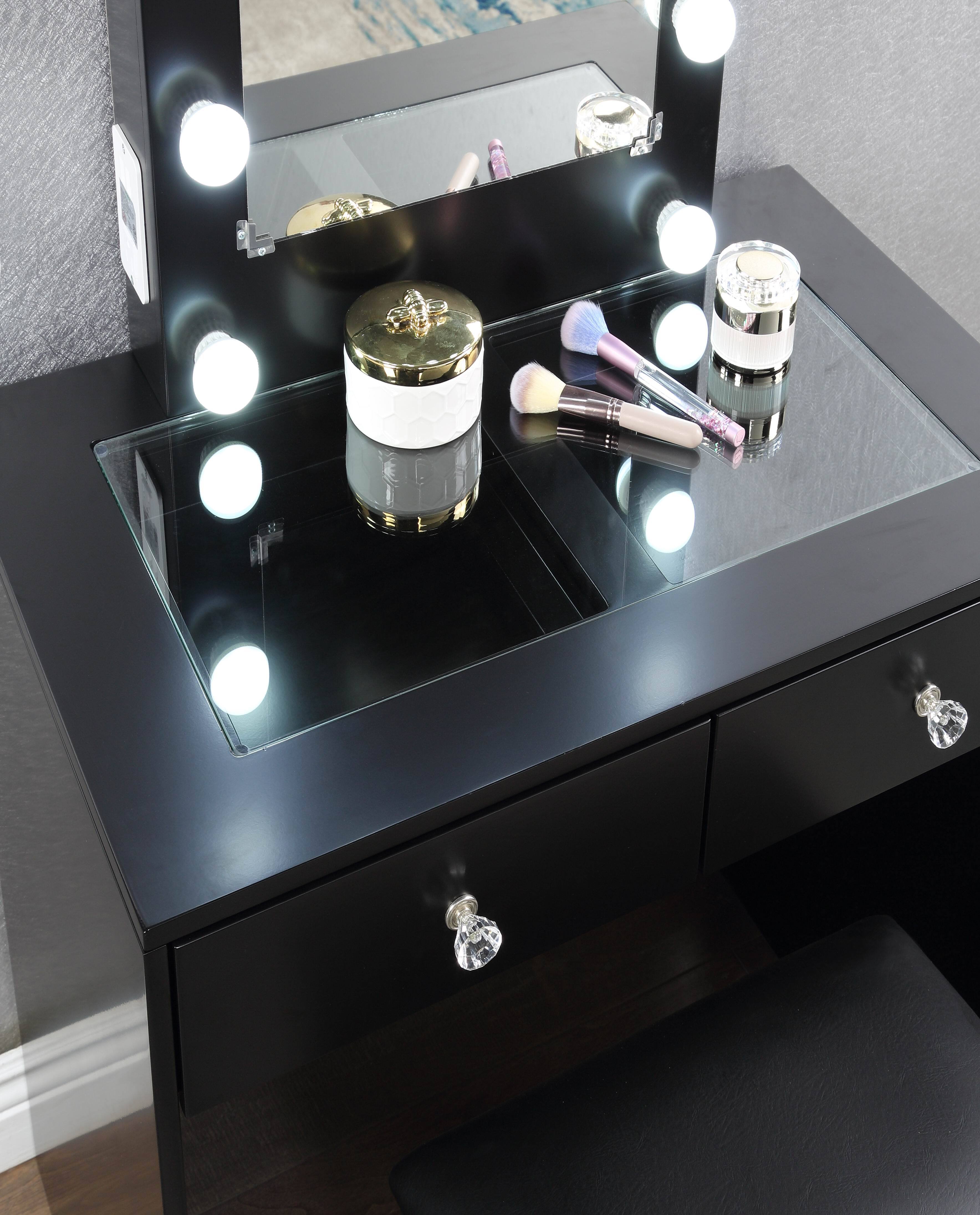 Angle. APRILSOUL - Black Makeup Vanity and Stool Set with 10 Lights and USB Port and Power Outlet 2x Drawers Luxurious Style Furniture - Black.