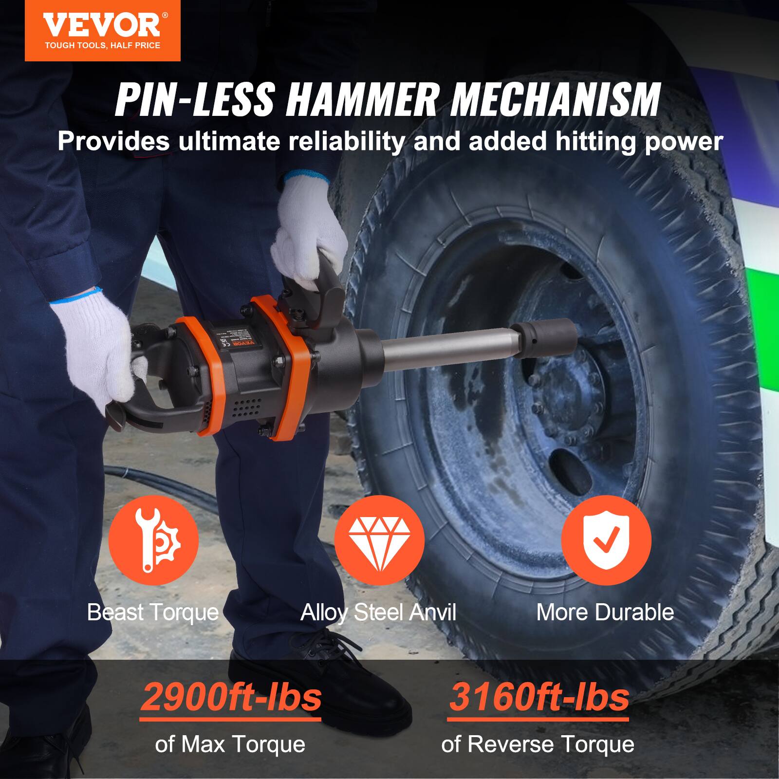 VEVOR  
TOUGH TOOLS, HALF PRICE  

PIN-LESS HAMMER MECHANISM  
Provides ultimate reliability and added hitting power  

- Beast Torque  
- Alloy Steel Anvil  
- More Durable  

2900ft-lbs of Max Torque  
3160ft-lbs of Reverse Torque