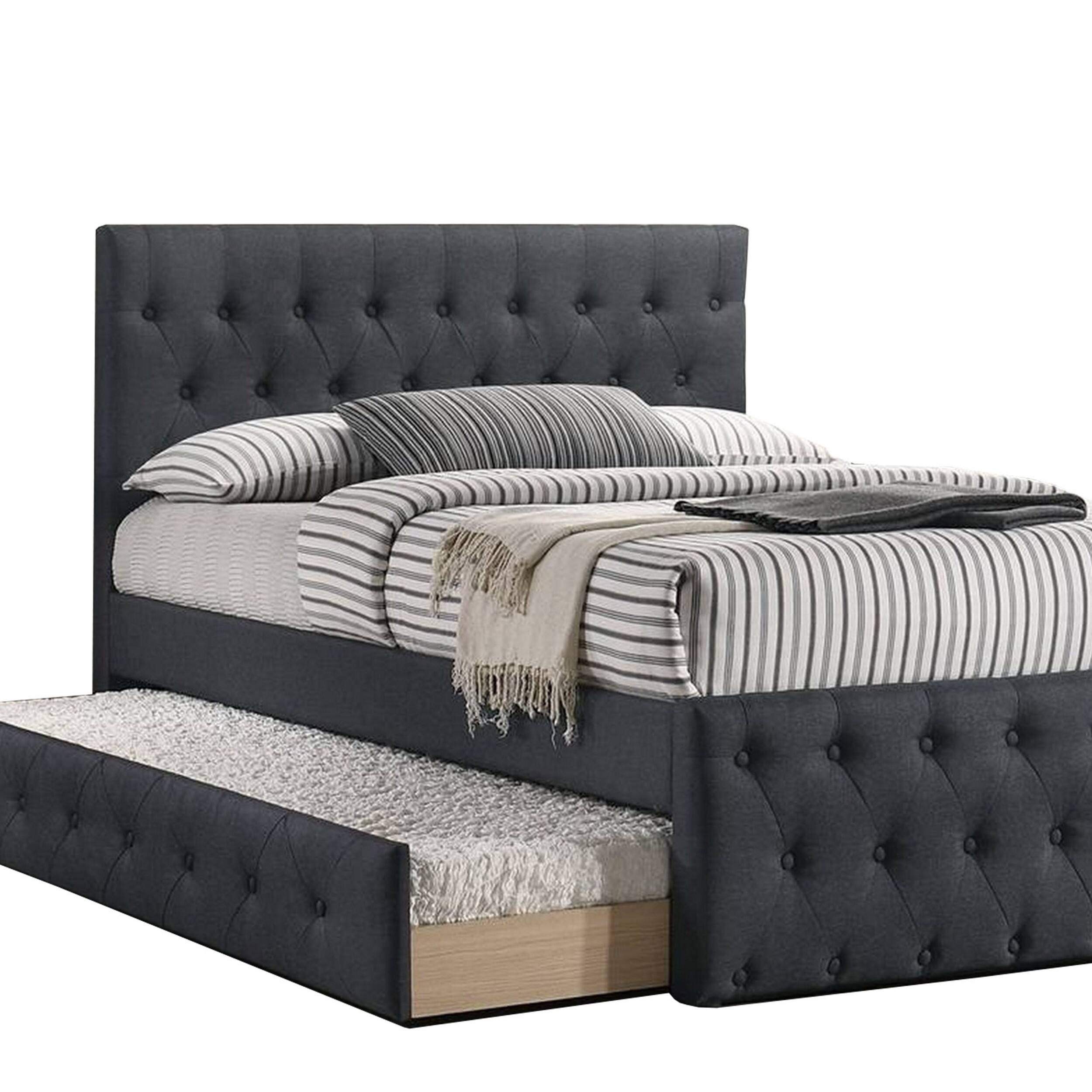 Alt View 3. Manhattan Lane - Nek Wood Twin Size Upholstered Bed with Trundle, Tufted Charcoal Burlap - Charcoal Gray.