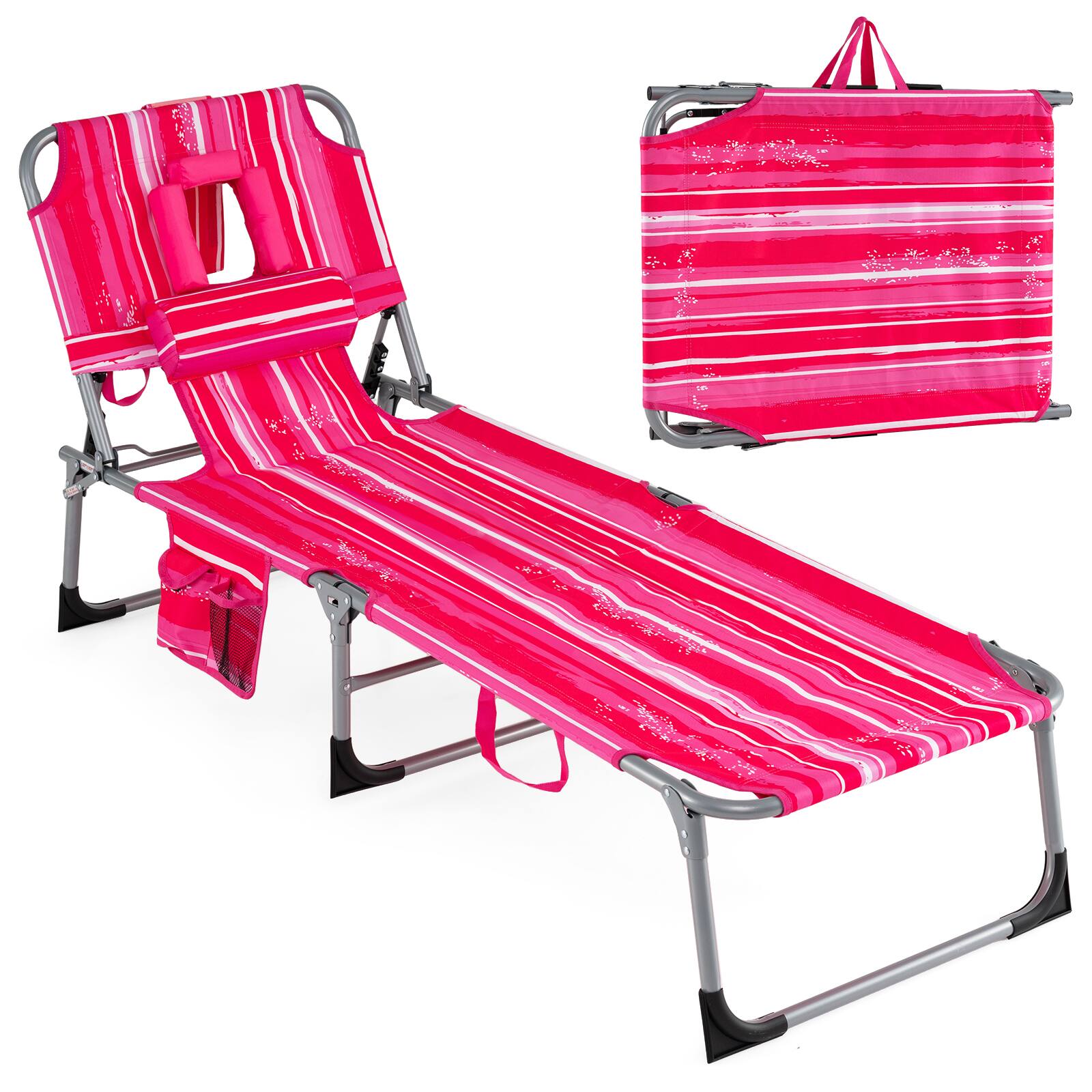 Alt View 8. Gymax - Gymax 2PCS Tanning Chair w/4-Position Adjustable Backrest Face Arm Holes & Pocket Pink Stripe - Pink.