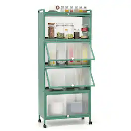 Costway - 5-Tier Kitchen Baker's Rack Storage Cabinet Mobile Microwave Stand Flip-up Doors - Green