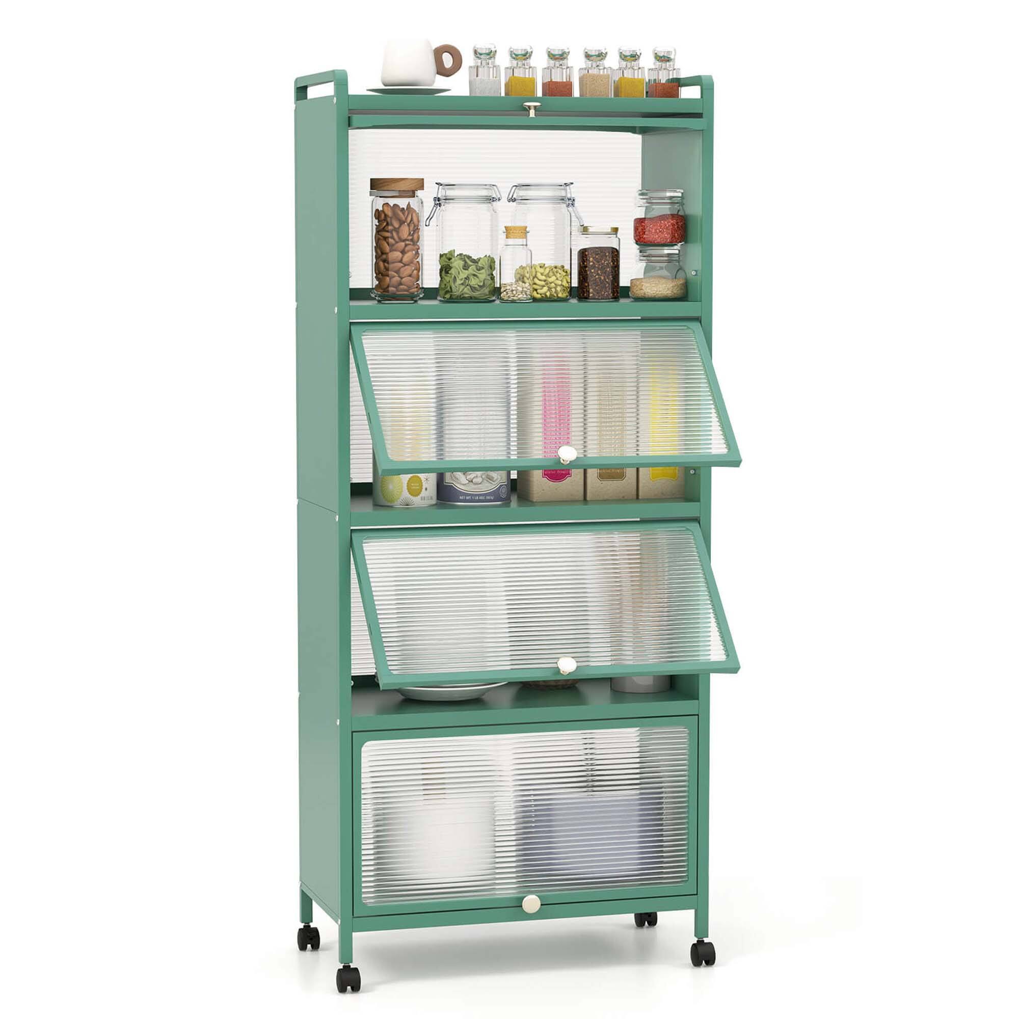 Front. Costway - Costway 5-Tier Kitchen Baker's Rack Storage Cabinet Mobile Microwave Stand Flip-up Doors Green - Green.