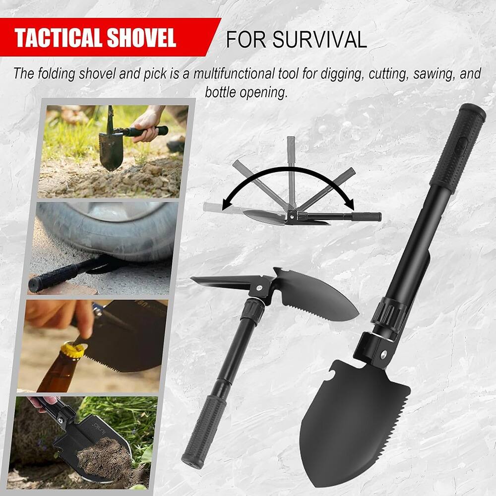 TACTICAL SHOVEL FOR SURVIVAL

The folding shovel and pick is a multifunctional tool for digging, cutting, sawing, and bottle opening.
