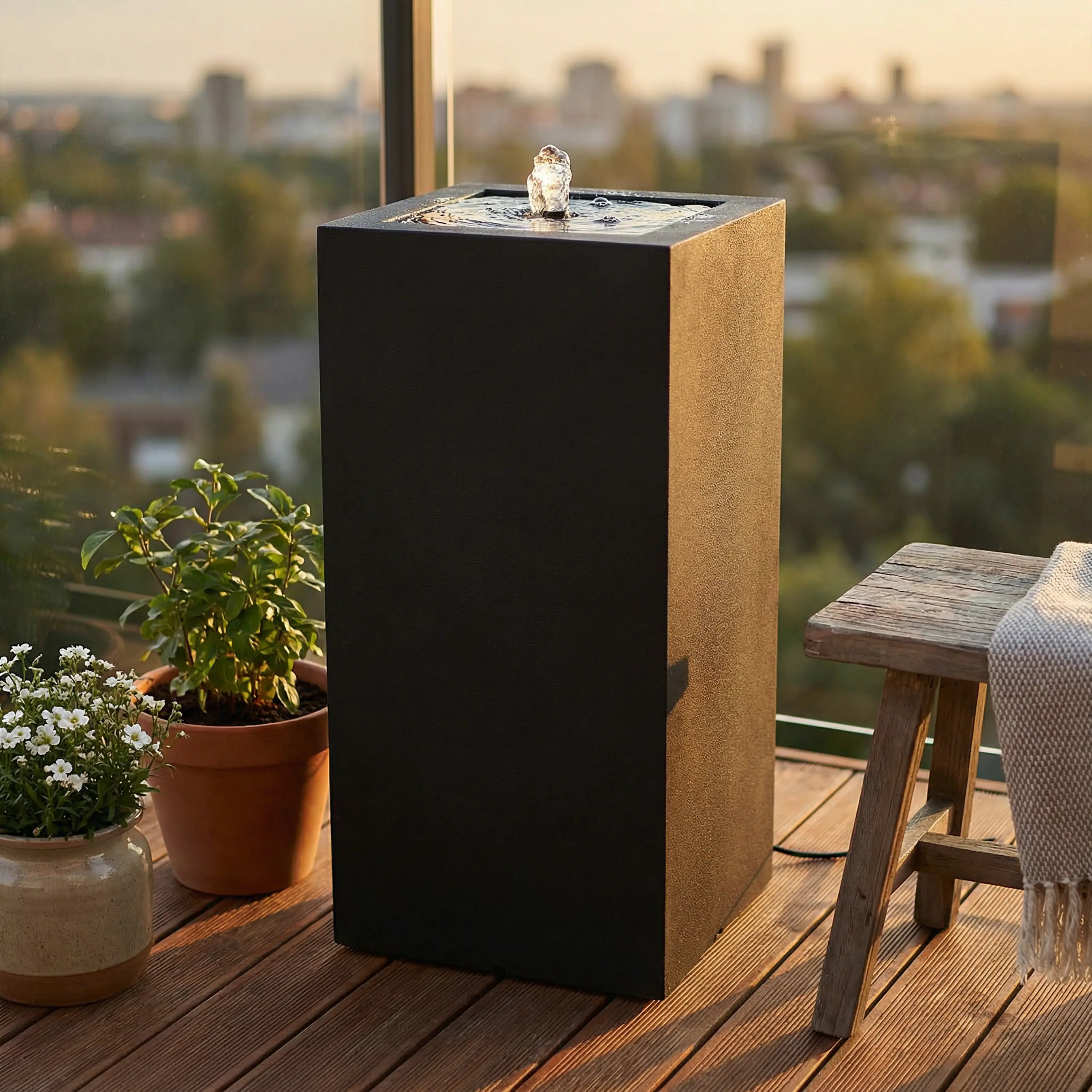 Alt View 6. Sunnydaze - Rectangle Polystone Outdoor Bubble Fountain with LED - Black.