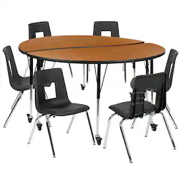 Flash Furniture - Emmy Mobile 60" Circle Wave Flexible Laminate Activity Table Set with 18" Student Stack Chairs, Oak/Black - Brown