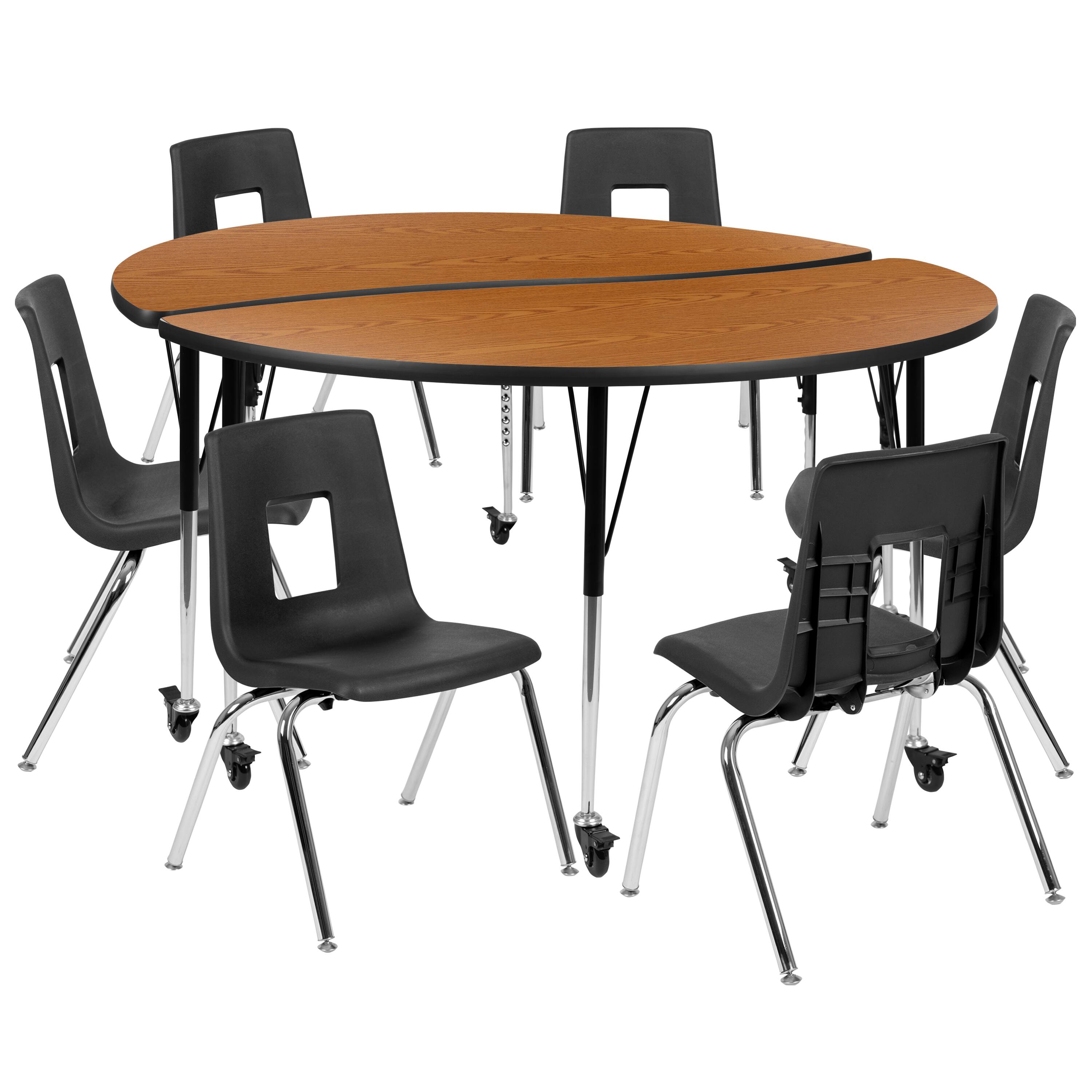 Alt View 1. Emma + Oliver - Mobile 60" Circle Wave Collaborative Laminate Activity Table Set with 18" Student Stack Chairs, Grey/Black - Oak.