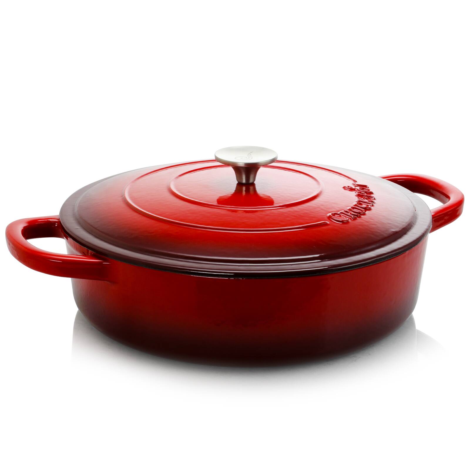 Front. Crock-Pot - Crock Pot Artisan Enameled Cast Iron 5 Quart Round Braiser Pan with Self Basting Lid in Scarlet Red - Scarlet Red.