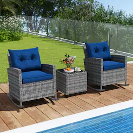 Mondawe - 31.5 x 26 x 31.5 IN Freestanding Patio Rattan Rocker Chairs Set with Table and Cushions 3-Piece - Dark Blue+Mix Brown