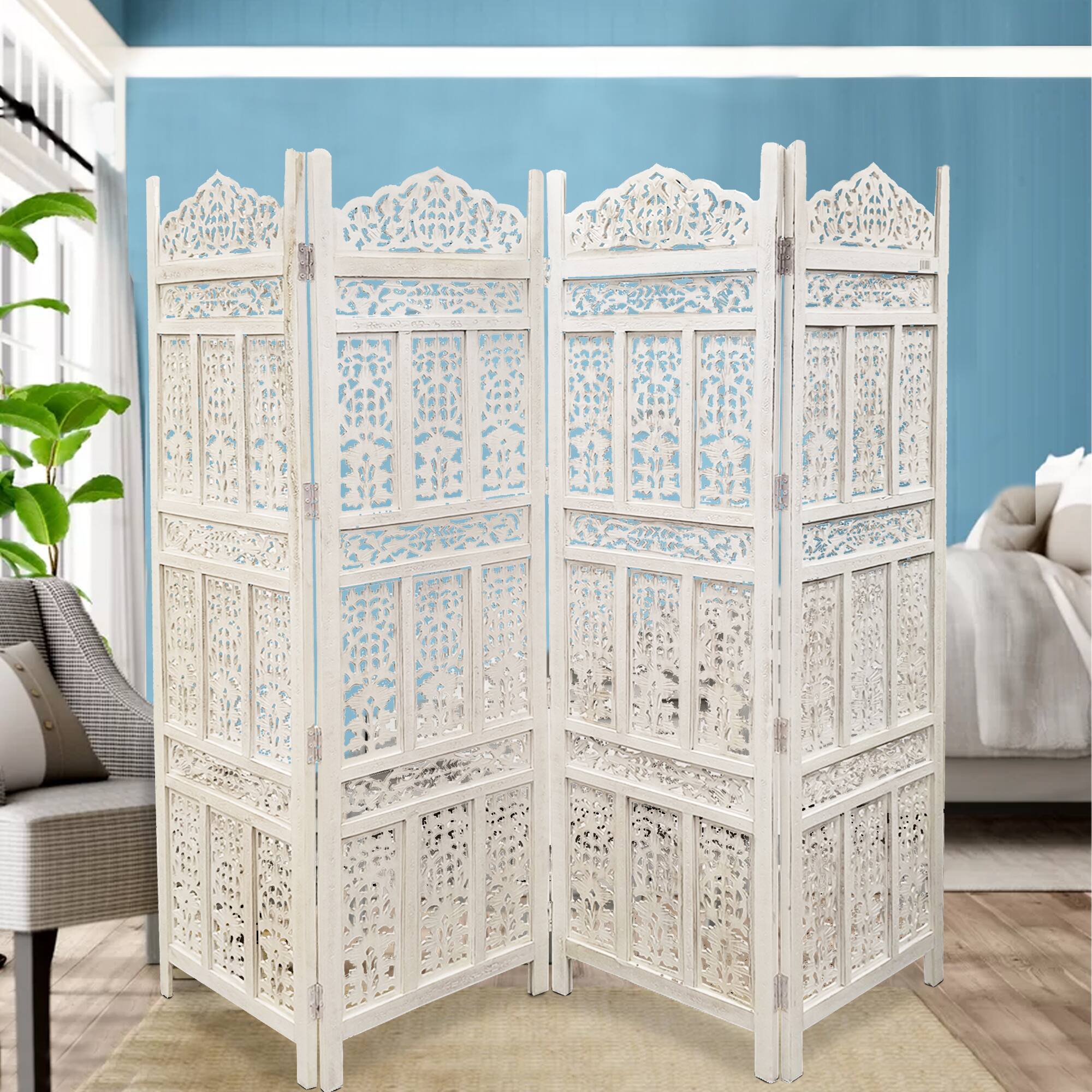 Alt View 4. Manhattan Lane - Aesthetically Carved 4 Panel Wooden Partition Screen/Room Divider - White.