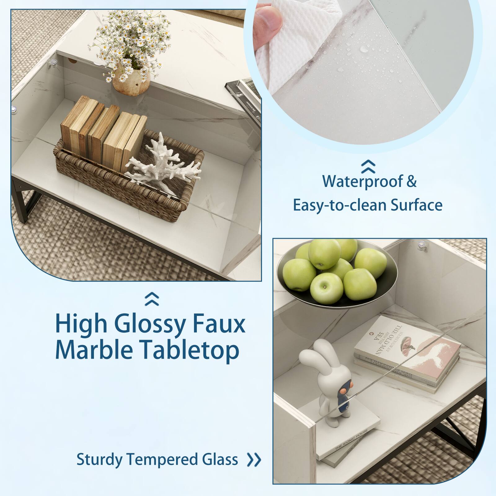 Waterproof & Easy-to-clean Surface

High Glossy Faux Marble Tabletop

Sturdy Tempered Glass