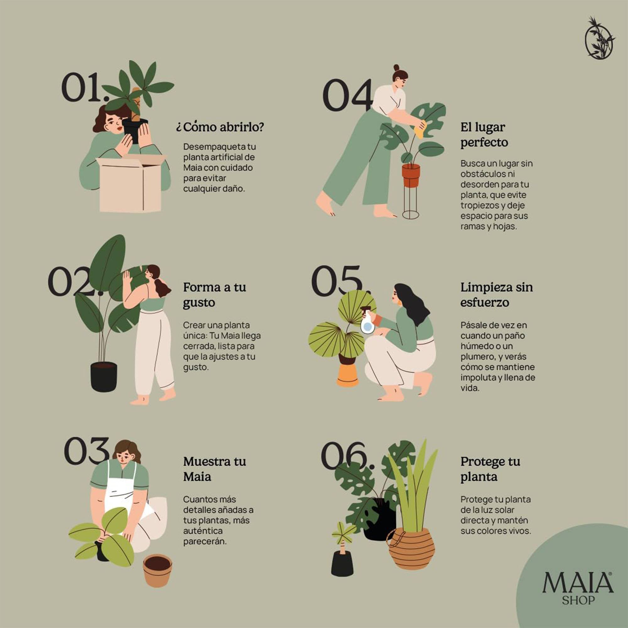 01. ¿Cómo abrirlo?  
Desempaqueta tu planta artificial de Maia con cuidado para evitar cualquier daño.

02. Forma a tu gusto  
Crea una planta única: Tu Maia llega cerrada, lista para que la ajustes a tu gusto.

03. Muestra tu Maia  
Cuántos más detalles añadas a tus plantas, más auténtica parecerán.

04. El lugar perfecto  
Busca un lugar sin obstáculos ni desorden para tu planta, que evite tropiezos y deje espacio para sus ramas y hojas.

05. Limpieza sin esfuerzo  
Pásale de vez en cuando un paño húmedo o un plumero, y verás cómo se mantiene impoluta y llena de vida.

06. Protege tu planta  
Protege tu planta de la luz solar directa y mantén sus colores vivos.

MAIA SHOP
