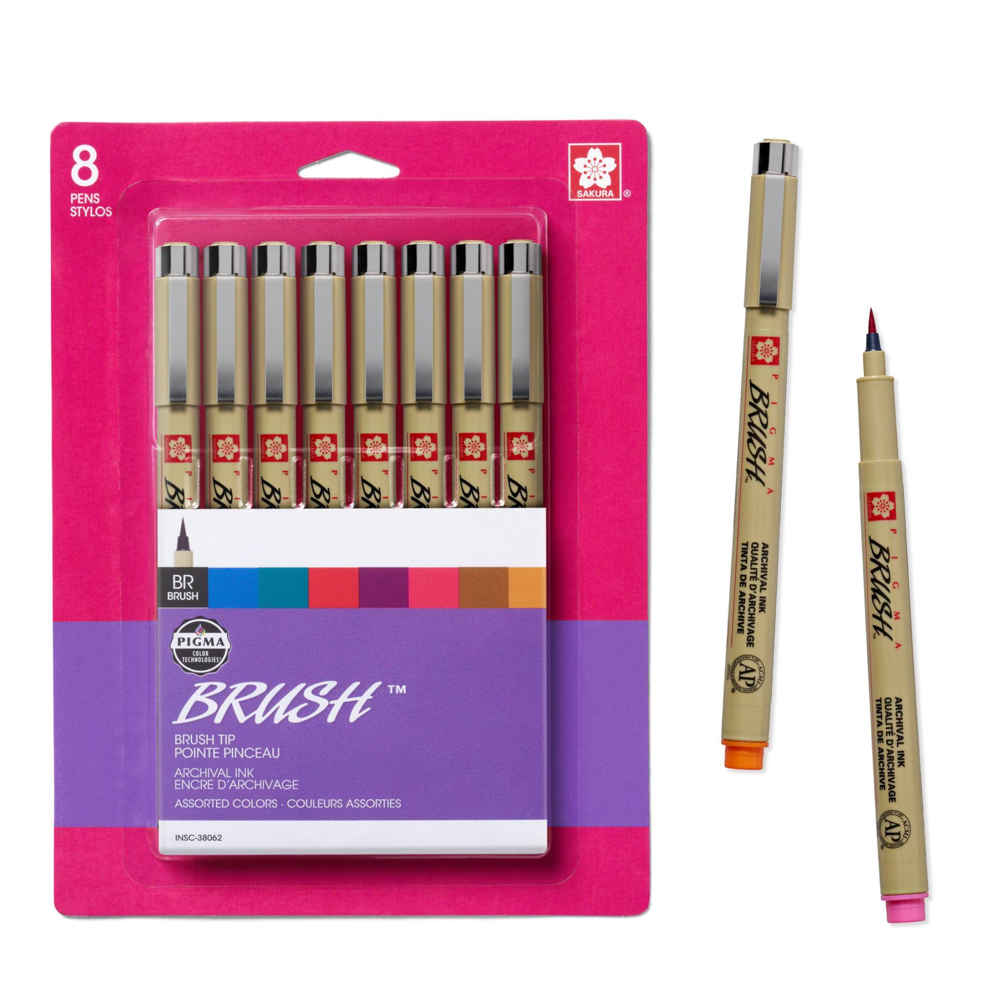 8 PENS STYLOS

SAKURA:
BR BRUSH PIGMA COLOR TECHNOLOGIES TM BRUSH BRUSH TIP POINTE PINCEAU ARCHIVAL INK ENCRE D'ARCHIVAGE ASSORTED COLORS COULEURS ASSORTIES INSC-38062

BRUSH G M TINTA QUALIT ARCHIVAL DE D' ARCHIVE INK ARCHIVAGE AP

BRUSH D M TINTA DE QUALIT ARCHIVAL D' ARCHIVE INK ARCHIVAGE AP
