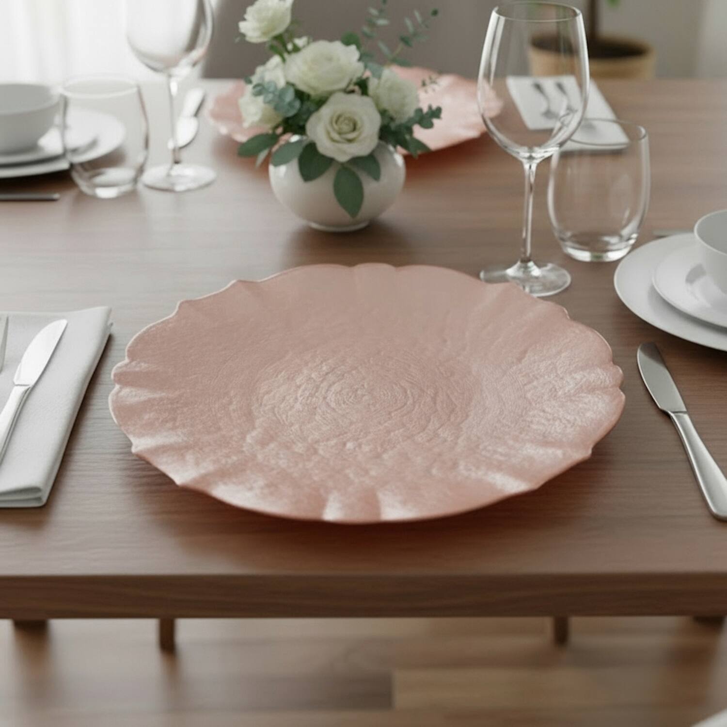 Angle. American Atelier - Ice Queen Blush Charger Plate 13"D - Pink.