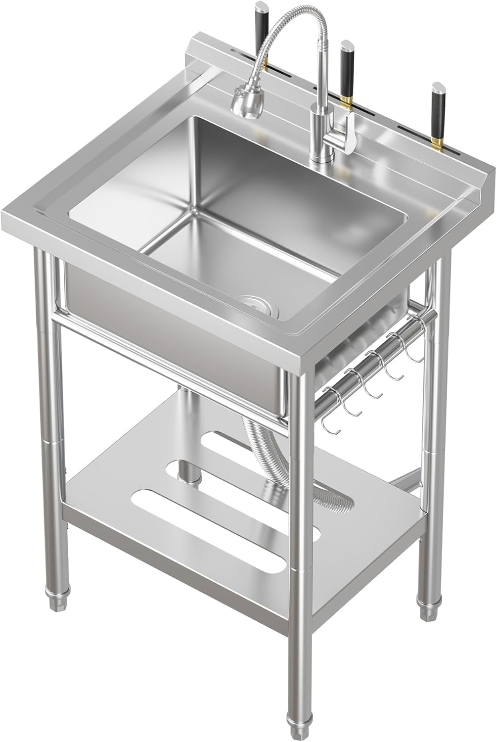 Front. GARVEE - NSF Stainless Steel Utility Sink, Freestanding Single Bowl w/Pull-Out Hot & Cold Faucet, S-Hooks & Shelf - Silver.