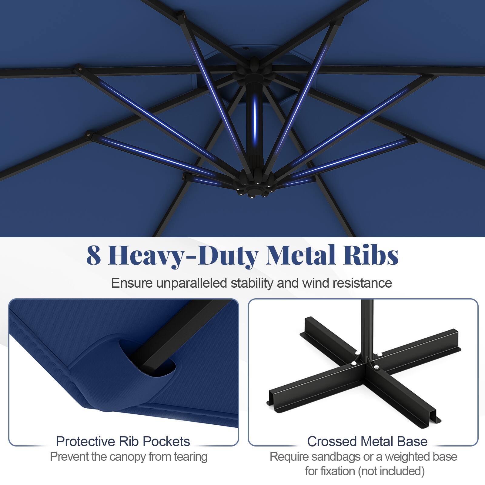 8 Heavy-Duty Metal Ribs
Ensure unparalleled stability and wind resistance
Protective Rib Pockets
Prevent the canopy from tearing
Crossed Metal Base
Require sandbags or a weighted base for fixation (not included)