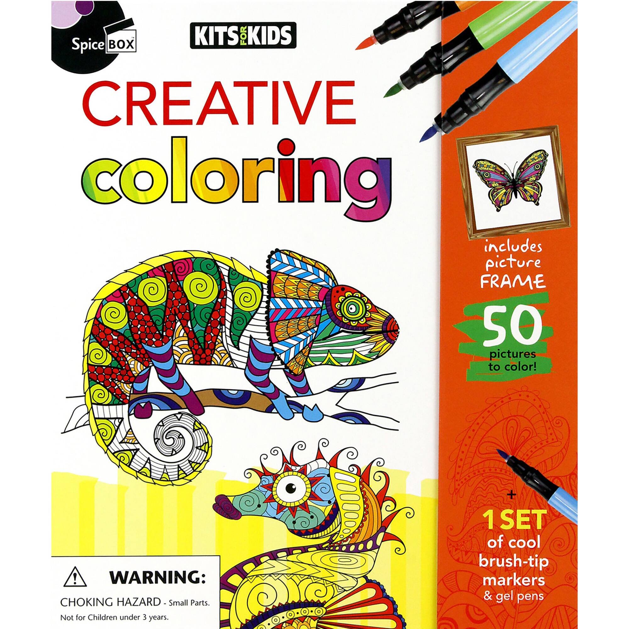 The image features a box of Spicebox Kits for Kids Creative Coloring, which includes a picture frame and 50 pictures to color. The box also contains a set of cool brush-tip markers and gel pens. However, there is a warning that the product is not suitable for children under 3 years due to small parts that pose a choking hazard.