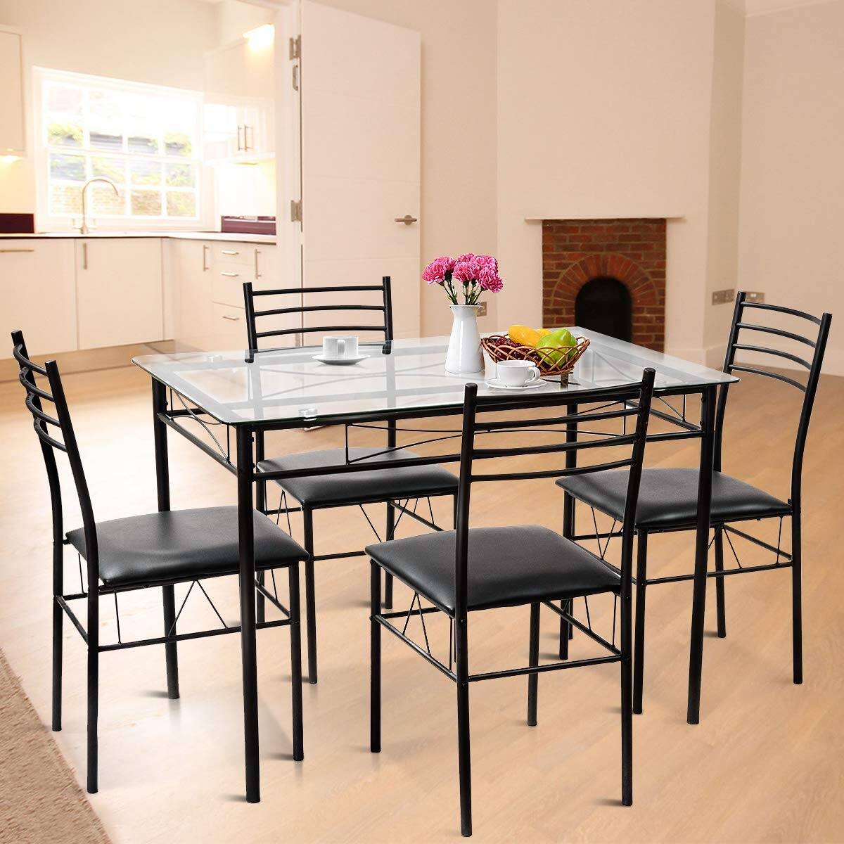 Alt View 10. Ecooso - 5 Piece Dining Set with Tempered Glass Top Table and 4 Upholstered Chairs - Black.