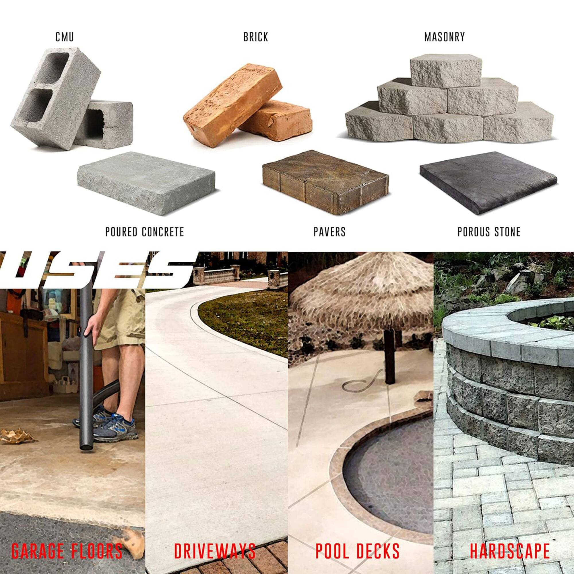 CMU  
BRICK  
MASONRY  
POURED CONCRETE  
PAVERS  
POROUS STONE  

USES  
GARAGE FLOORS  
DRIVEWAYS  
POOL DECKS  
HARDSCAPE