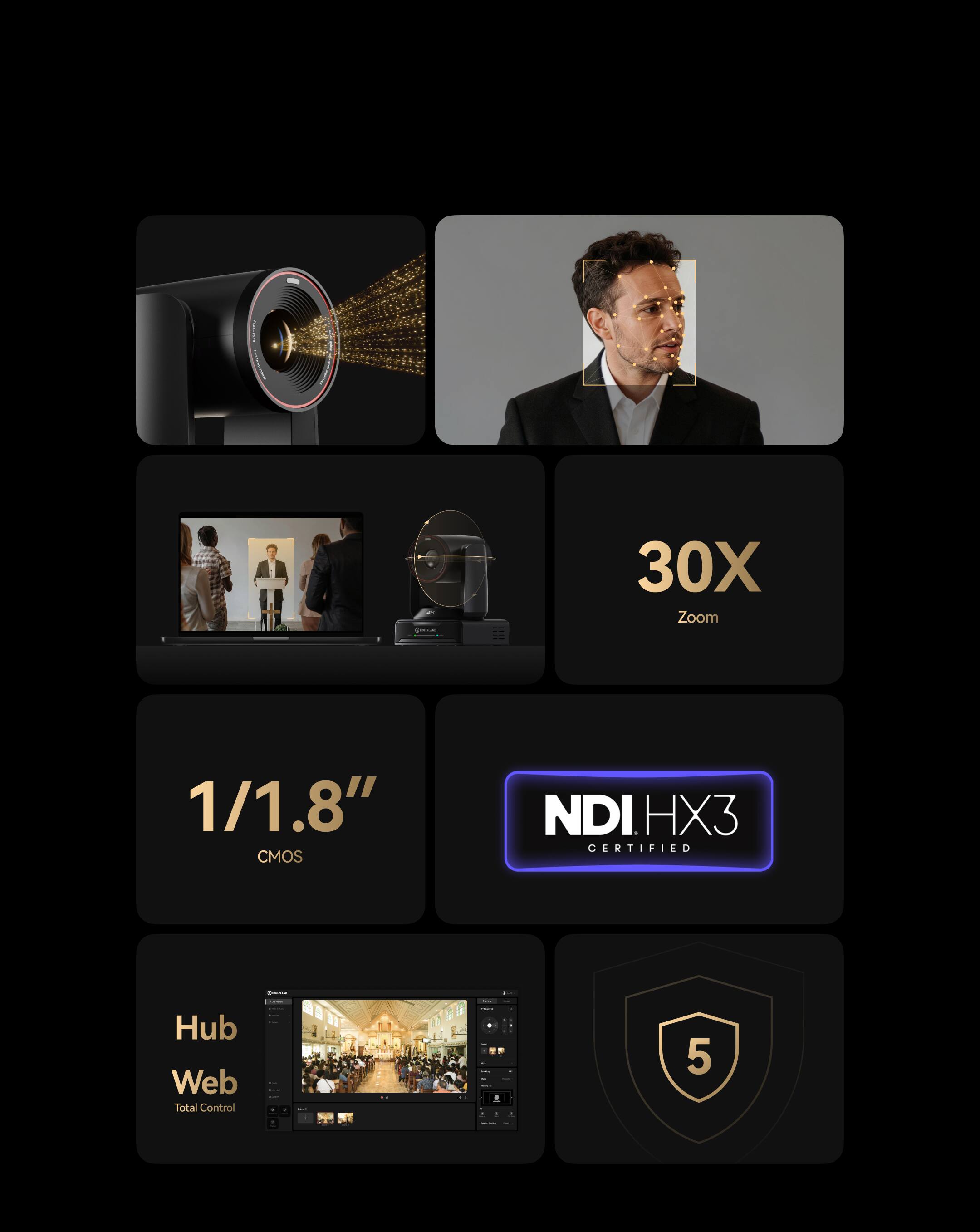 30X Zoom  
1/1.8" CMOS  
NDI HX3 CERTIFIED  
Hub Web Total Control  
5