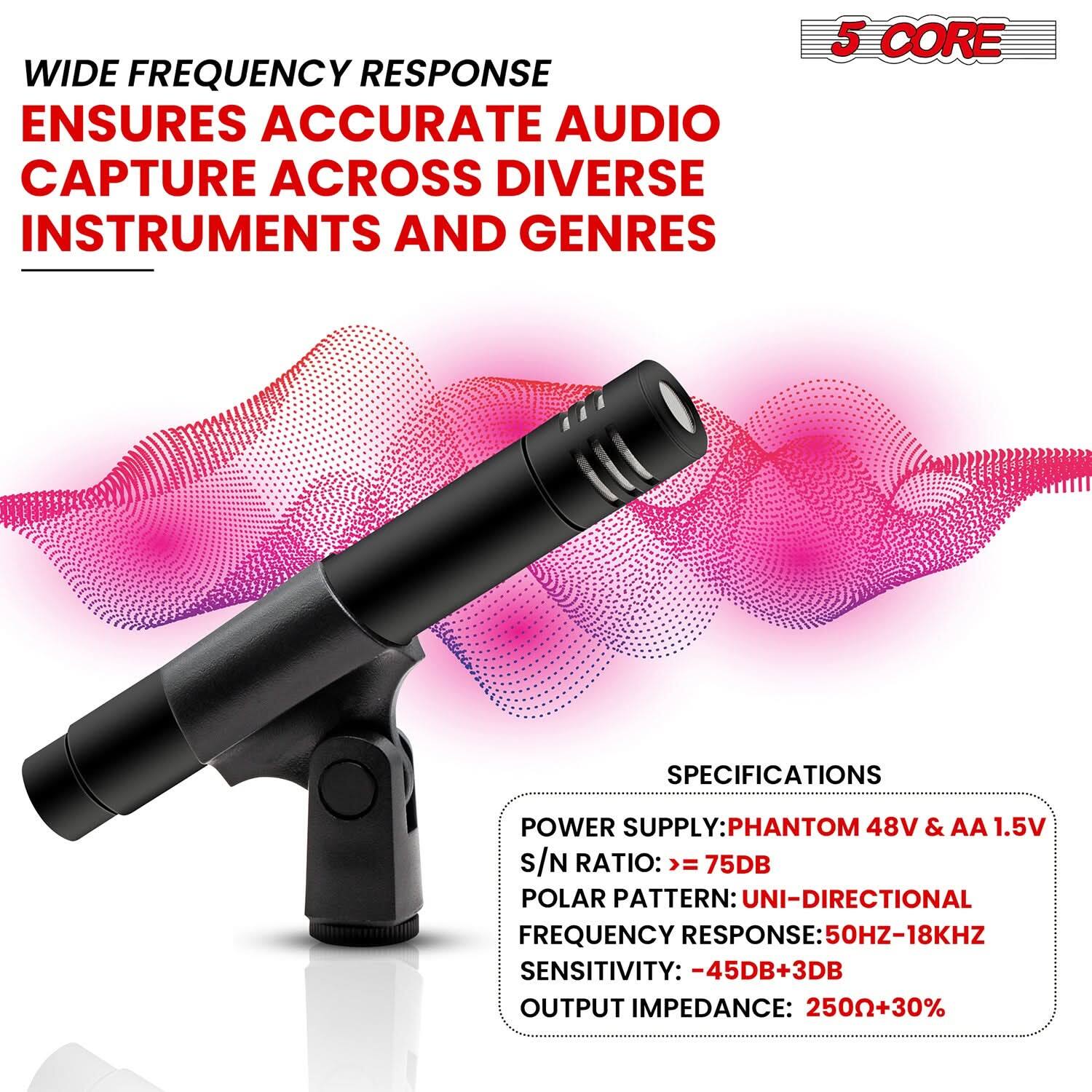 WIDE FREQUENCY RESPONSE ENSURES ACCURATE AUDIO CAPTURE ACROSS DIVERSE INSTRUMENTS AND GENRES

5 CORE SPECIFICATIONS
POWER SUPPLY: PHANTOM 48V & AA 1.5V
S/N RATIO: >= 75DB
POLAR PATTERN: UNI-DIRECTIONAL
FREQUENCY RESPONSE: 50HZ-18KHZ
SENSITIVITY: -45DB+3DB
OUTPUT IMPEDANCE: 250Ω+30%
