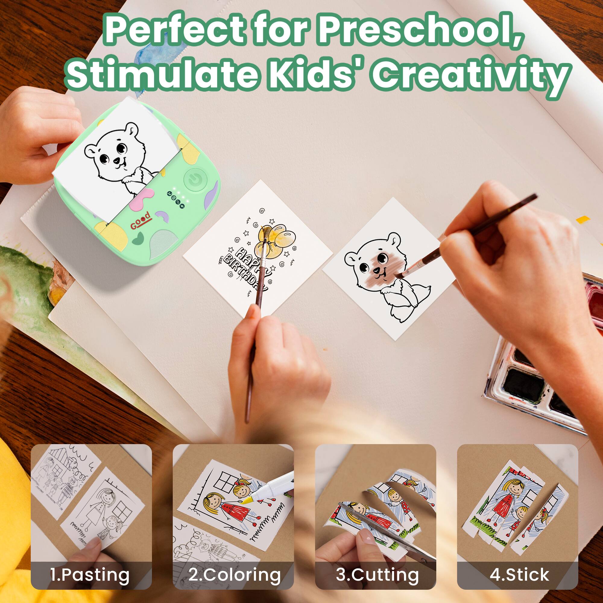 Perfect for Preschool, Stimulate Kids' Creativity

1. Pasting
2. Coloring
3. Cutting
4. Stick