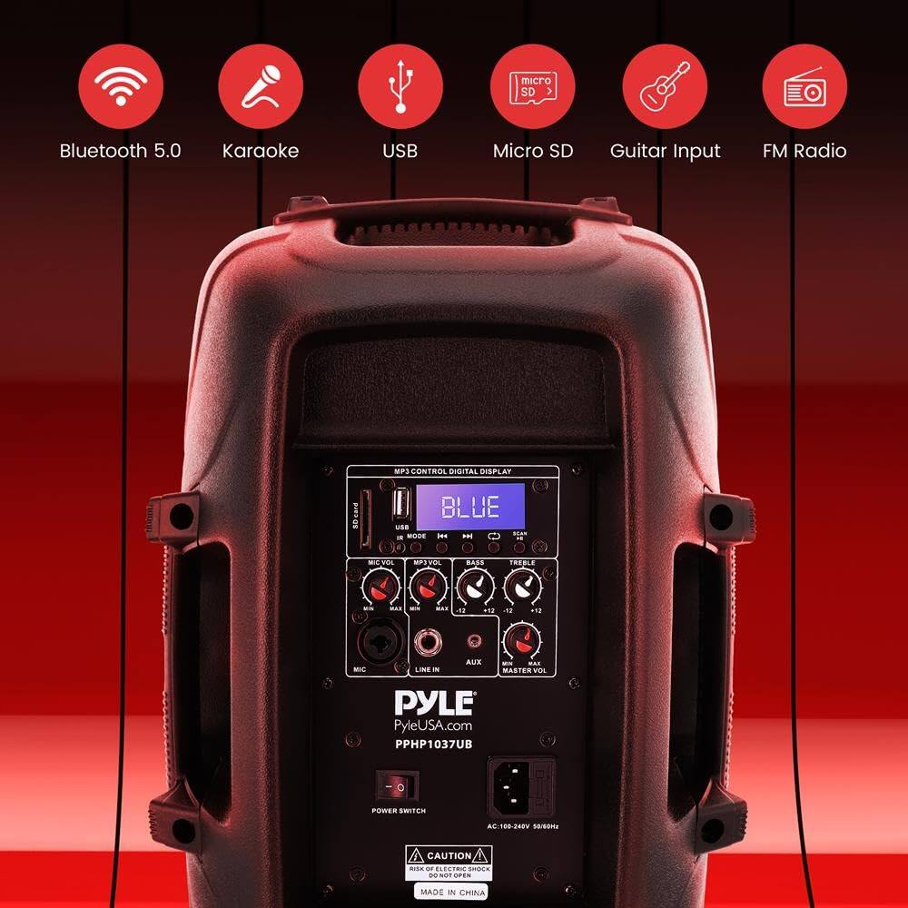 - Micro SD
- Bluetooth 5.0
- Karaoke
- USB
- Micro SD
- Guitar Input
- FM Radio
- MP3 CONTROL
- DIGITAL DISPLAY
- BLUE
- USB
- BASS
- TREBLE
- LINE IN
- MASTER VOL
- PYLE
- PyleUSA.com
- PHP1037UB
- POWER SWITCH
- AC/100-268V
- 50Hz
- CAUTION
- MADE IN CHINA