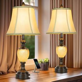 Cozy Serene - Lamp Night Light USB LED Fabric Table Lamps Bedside with Shades Bedroom Living Nightlight Perfect Nightstands - Dark Brown-Set of 2-27 inch