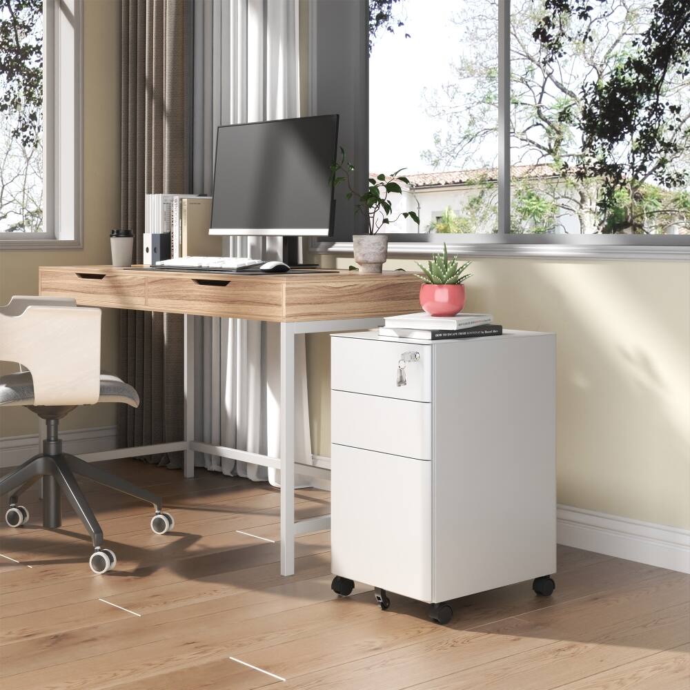 Left. Loheer - Loheer 3-Drawer Mobile File Cabinet White Metal Rolling File Cabinet with Lock Fully Assembled Anti-Tip Design.