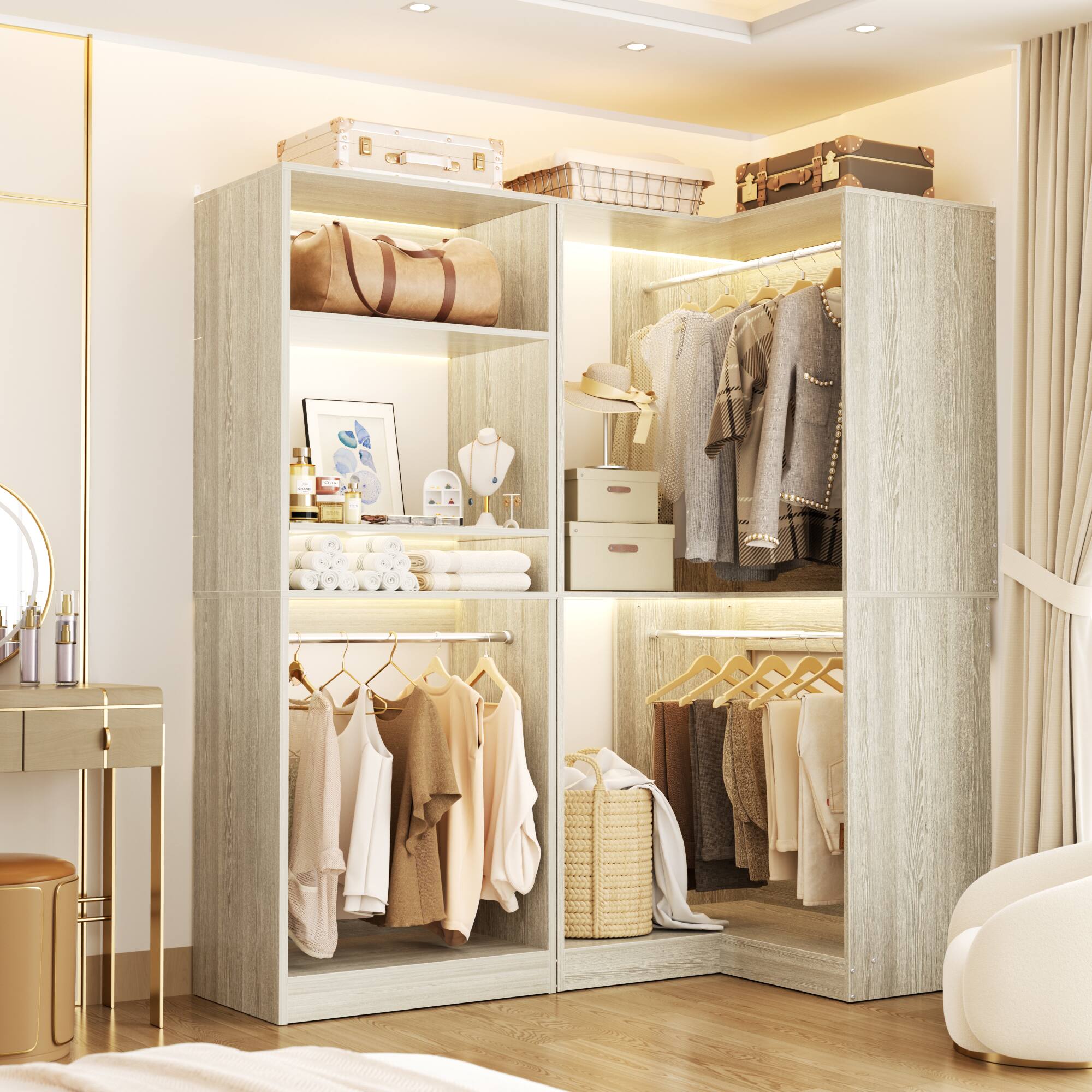 Alt View 3. Aheaplus - 56.5'' Freestanding Closet System Set of 2: Comes with 4 Hanging Rods, Adjustable Shelves, Sturdy - Beige Oak.