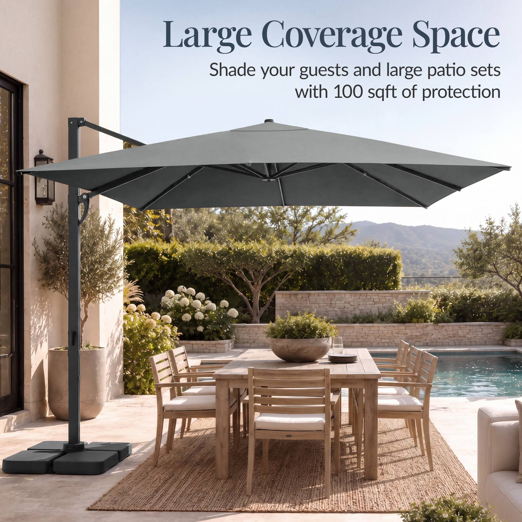 Large Coverage Space  
Shade your guests and large patio sets with 100 sqft of protection