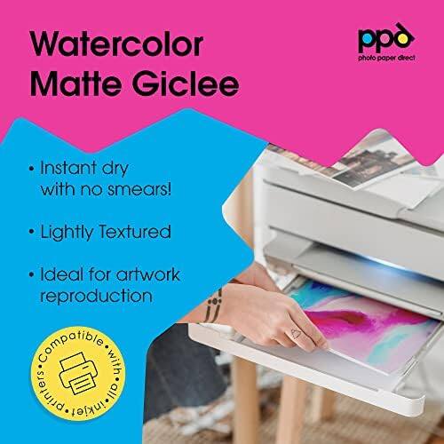 Watercolor Matte Giclee

- Instant dry with no smears!
- Lightly Textured
- Ideal for artwork reproduction

Compatible with all inkjet printers