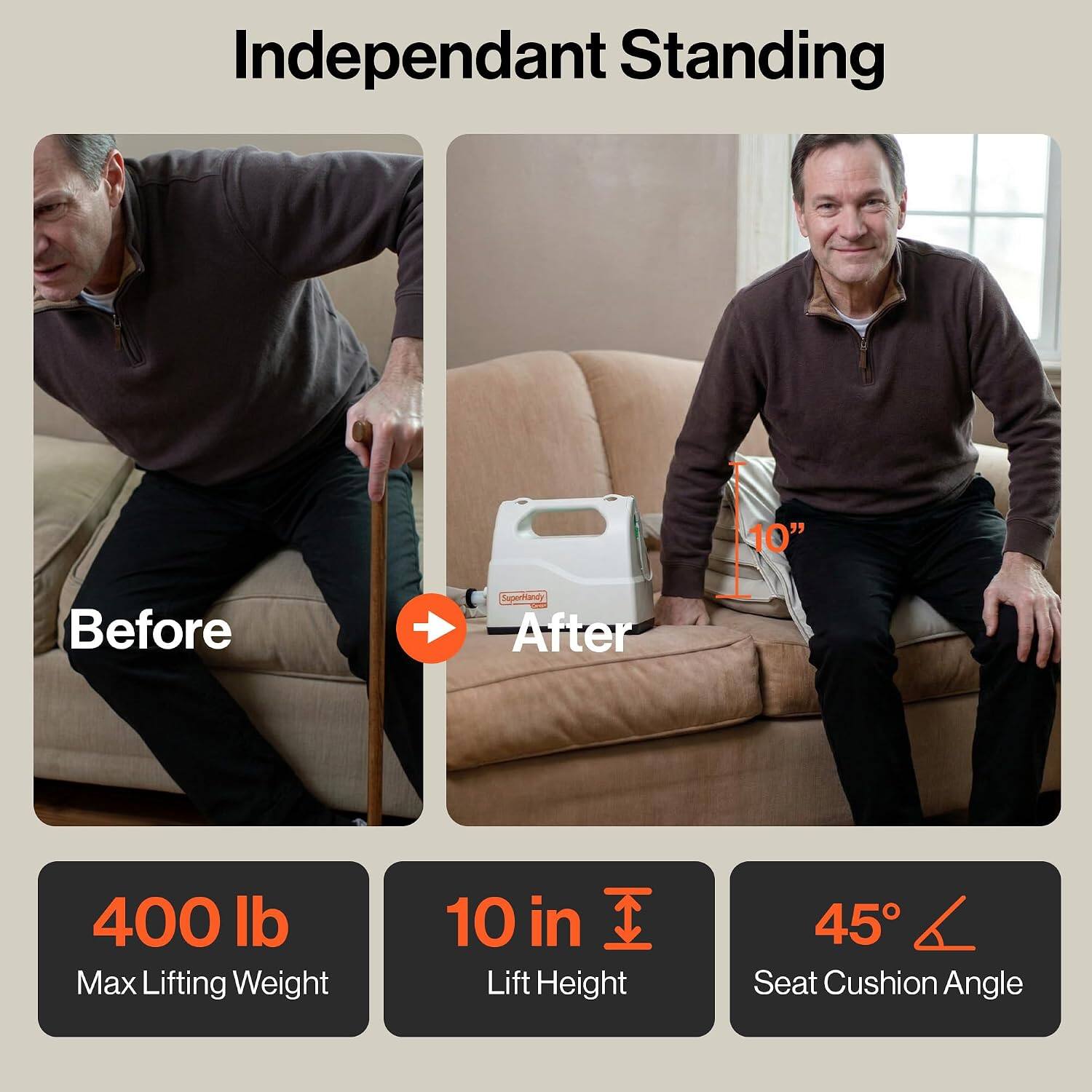 Independent Standing

Before
After

400 lb Max Lifting Weight
10 in Lift Height
45° Seat Cushion Angle