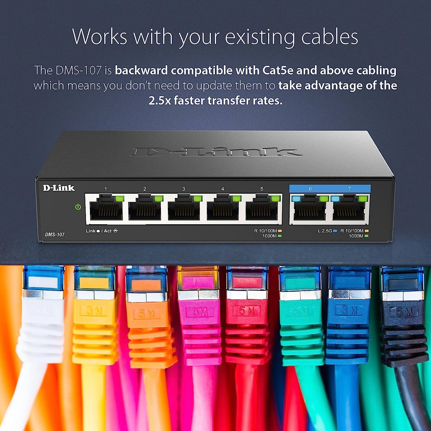 Works with your existing cables

The DMS-107 is backward compatible with Cat5e and above cabling which means you don't need to update them to take advantage of the 2.5x faster transfer rates.

D-Link

DMS-107

Link / Act

1 2 3 4 5 6 7

R 10/100M 1000M

L2.5G R 10/100M 1000M

3M 5M 3M 5M 3M 5M 3M 5M