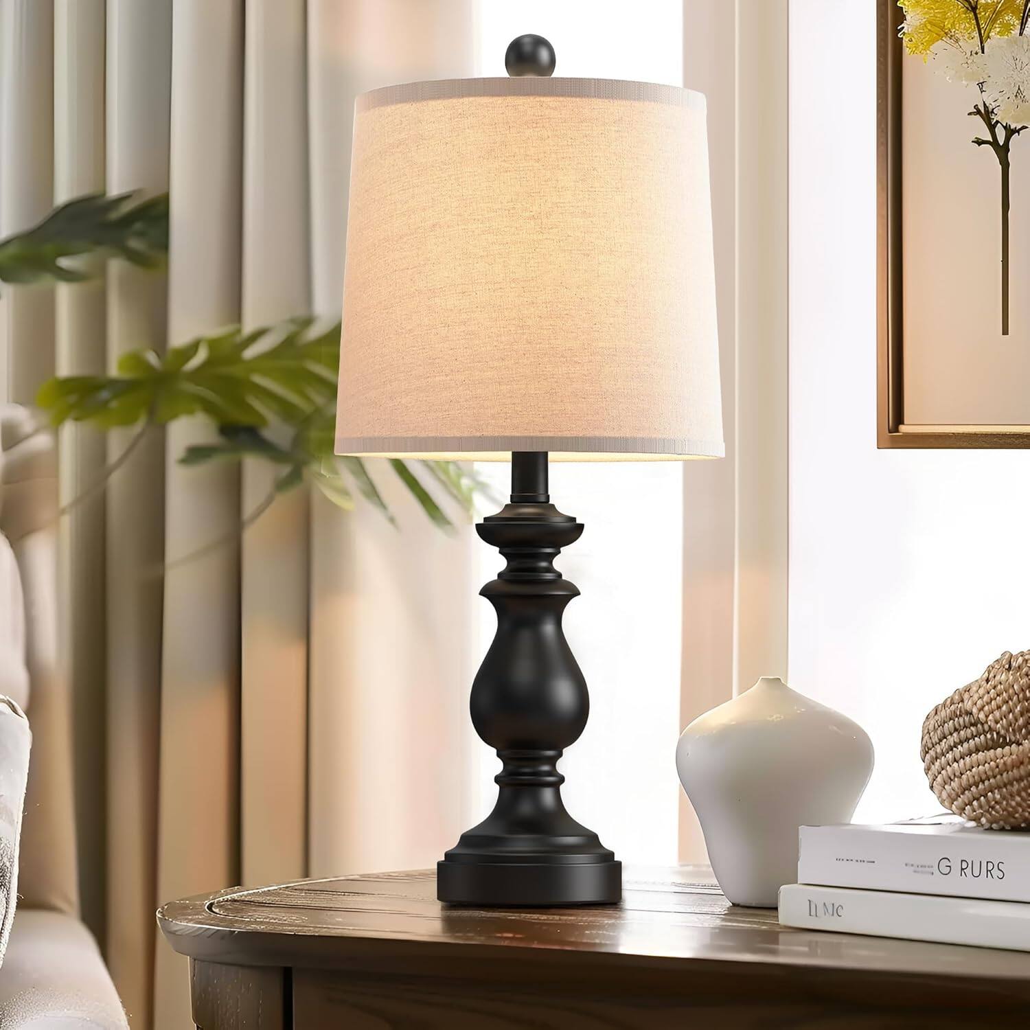 Alt View 1. FINEAK - Rustic Farmhouse Table Lamps Set of 2 with Linen Shades - Matte Black.