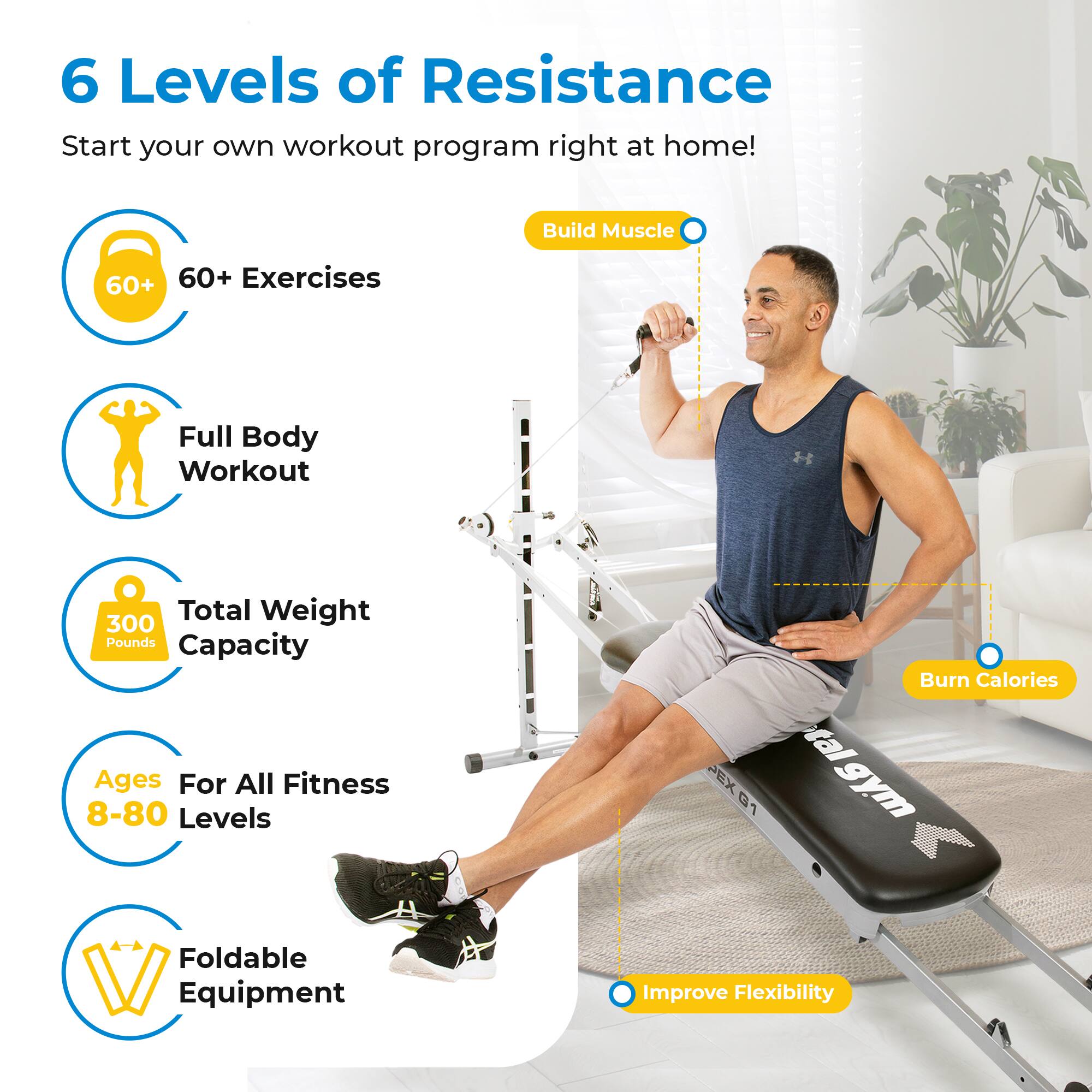 6 Levels of Resistance  
Start your own workout program right at home!  

- 60+ Exercises  
- Full Body Workout  
- Total Weight Capacity: 300 Pounds  
- For All Fitness Levels: Ages 8-80  
- Foldable Equipment  

Build Muscle  
Burn Calories  
Improve Flexibility