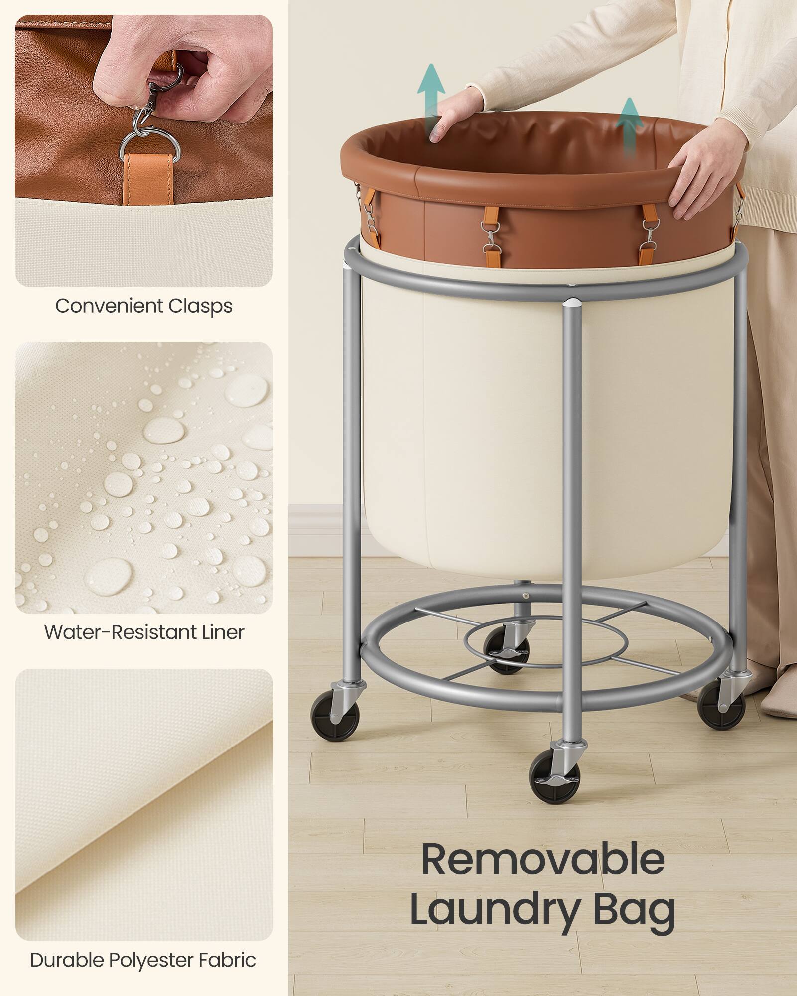 Convenient Clasps  
Water-Resistant Liner  
Durable Polyester Fabric  
Removable Laundry Bag